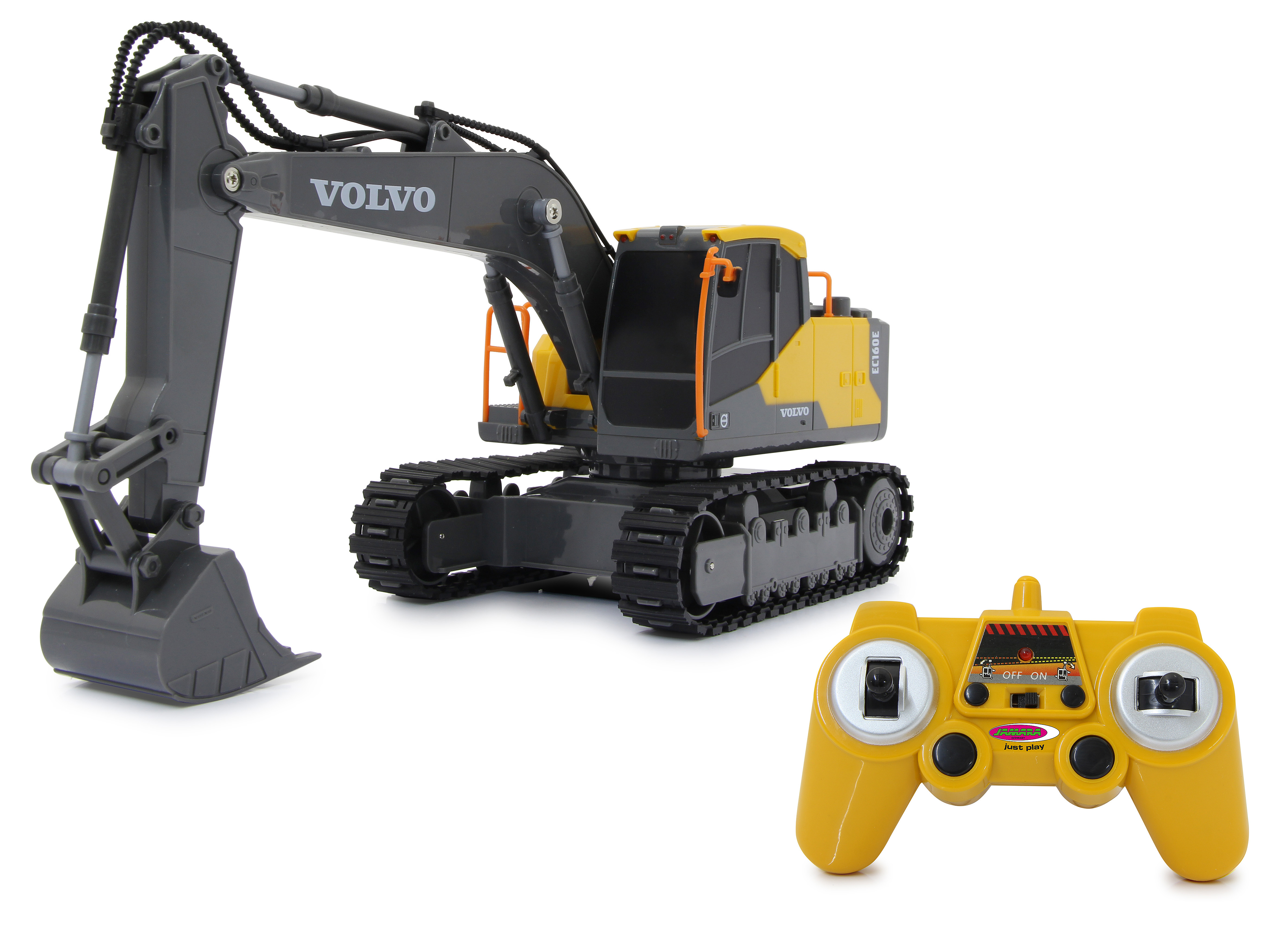 Ein gelb-grauer Volvo EC160E Spielzeugbagger und eine gelbe Fernbedienung.