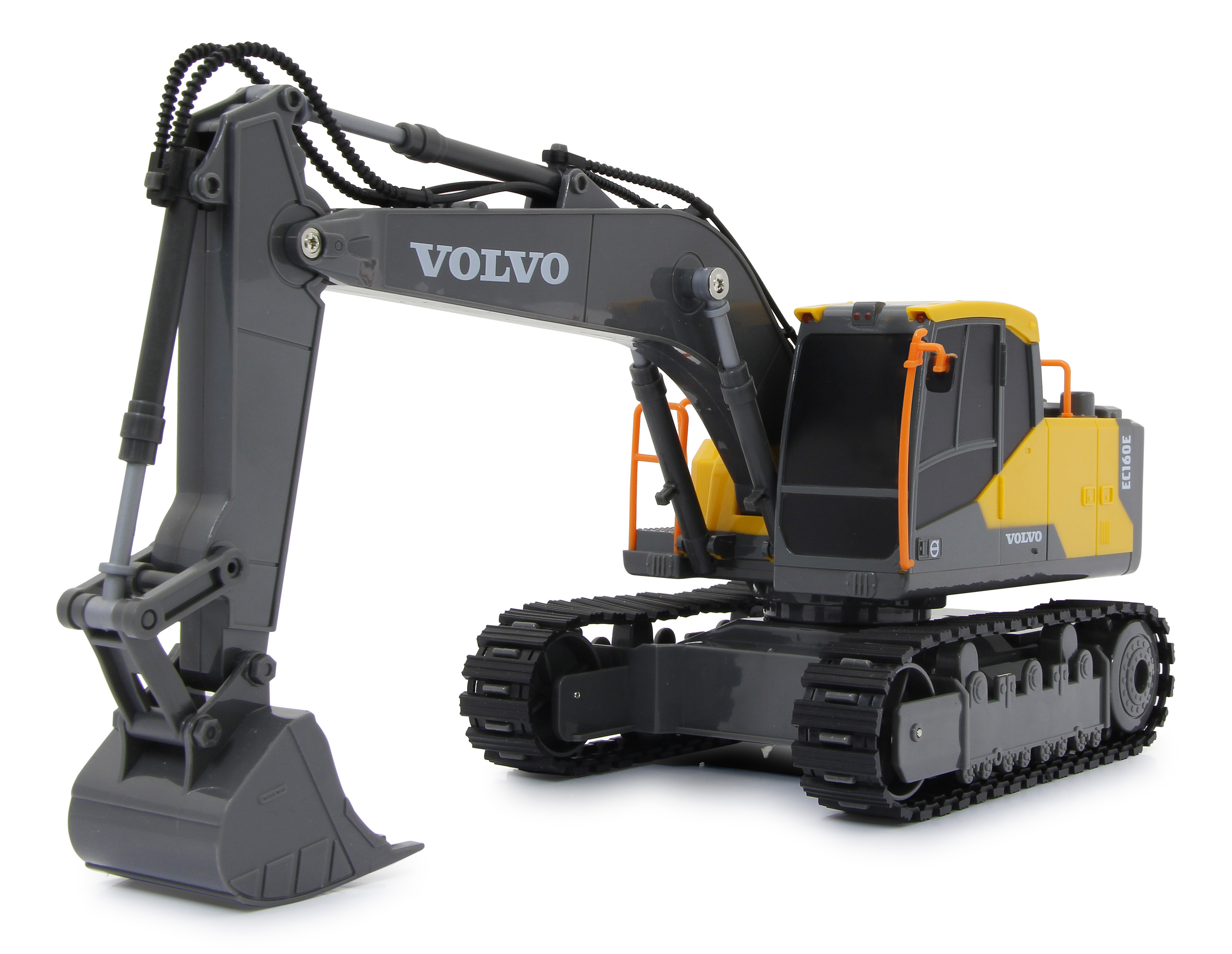 Grau-gelber Volvo EC160E Spielzeugbagger. Der Arm ist nach links ausgestreckt.