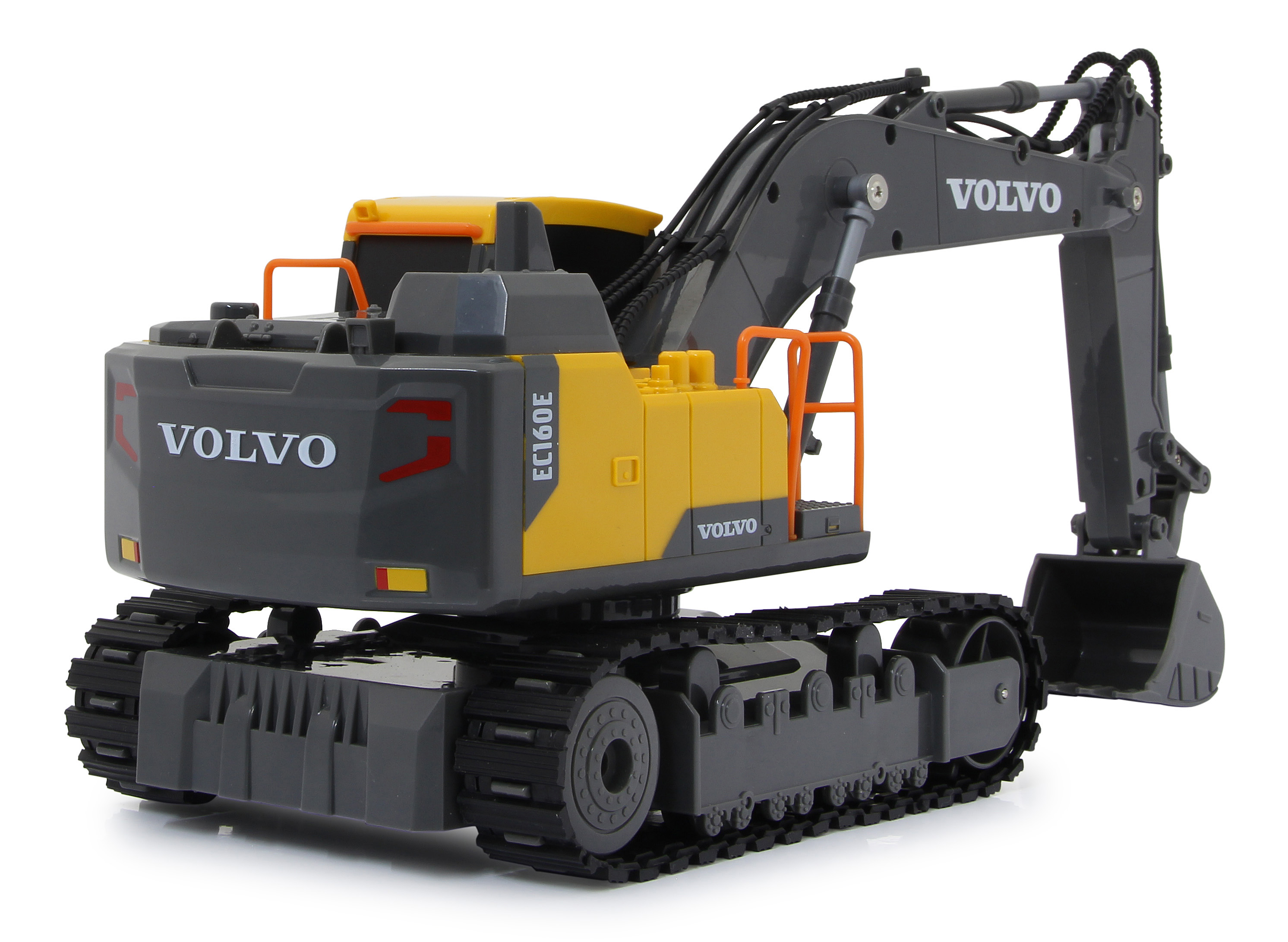 Ein grau-gelber Volvo EC160E Spielzeugbagger. Vorderseite und Ketten sind sichtbar.