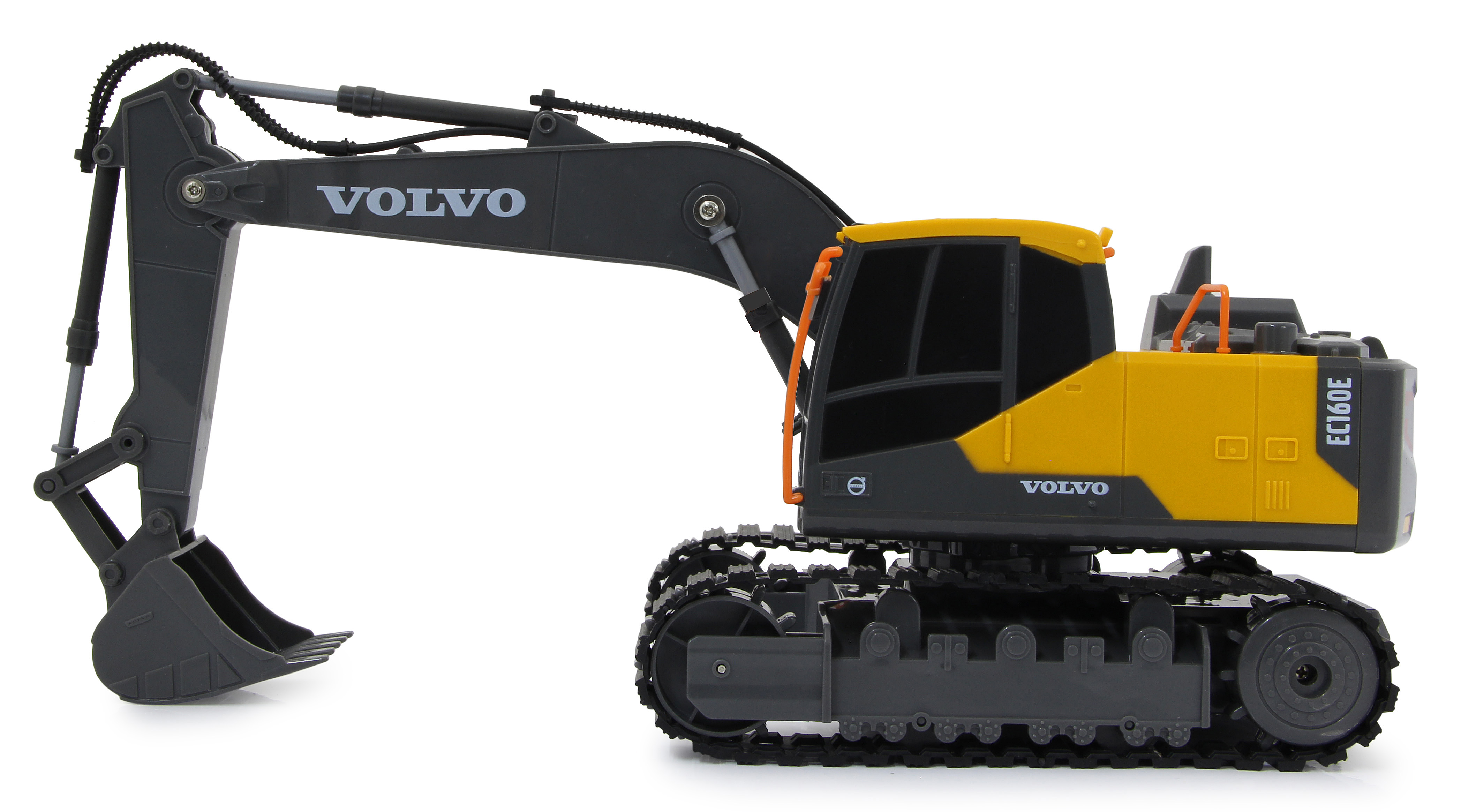 Seitenansicht eines Volvo EC160E Spielzeugbaggers. Es ist gelb und grau.