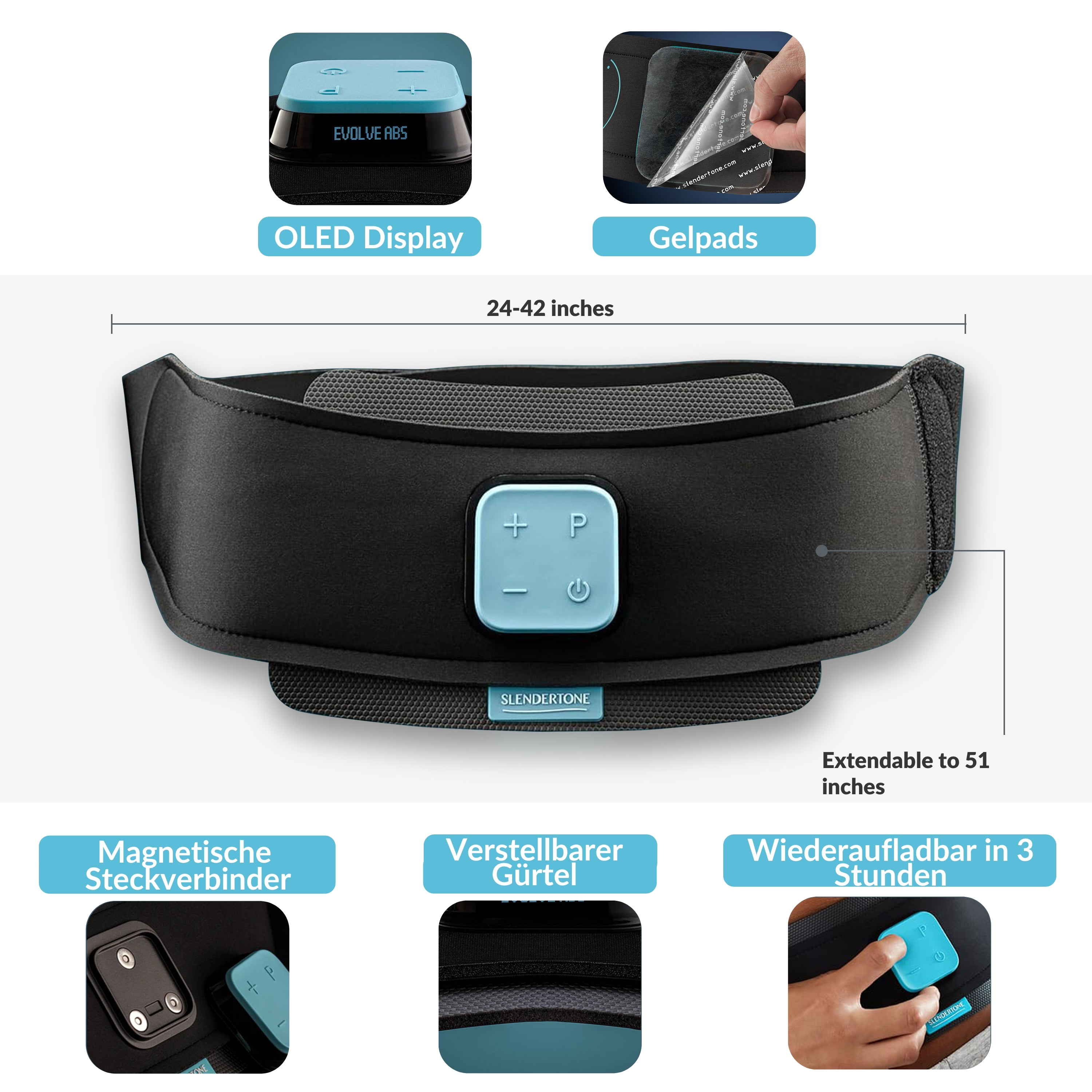 Ein schwarzer Slendertone Bauchgurt mit Bedienfeld, OLED-Display, Gelpads und weiteren Details.