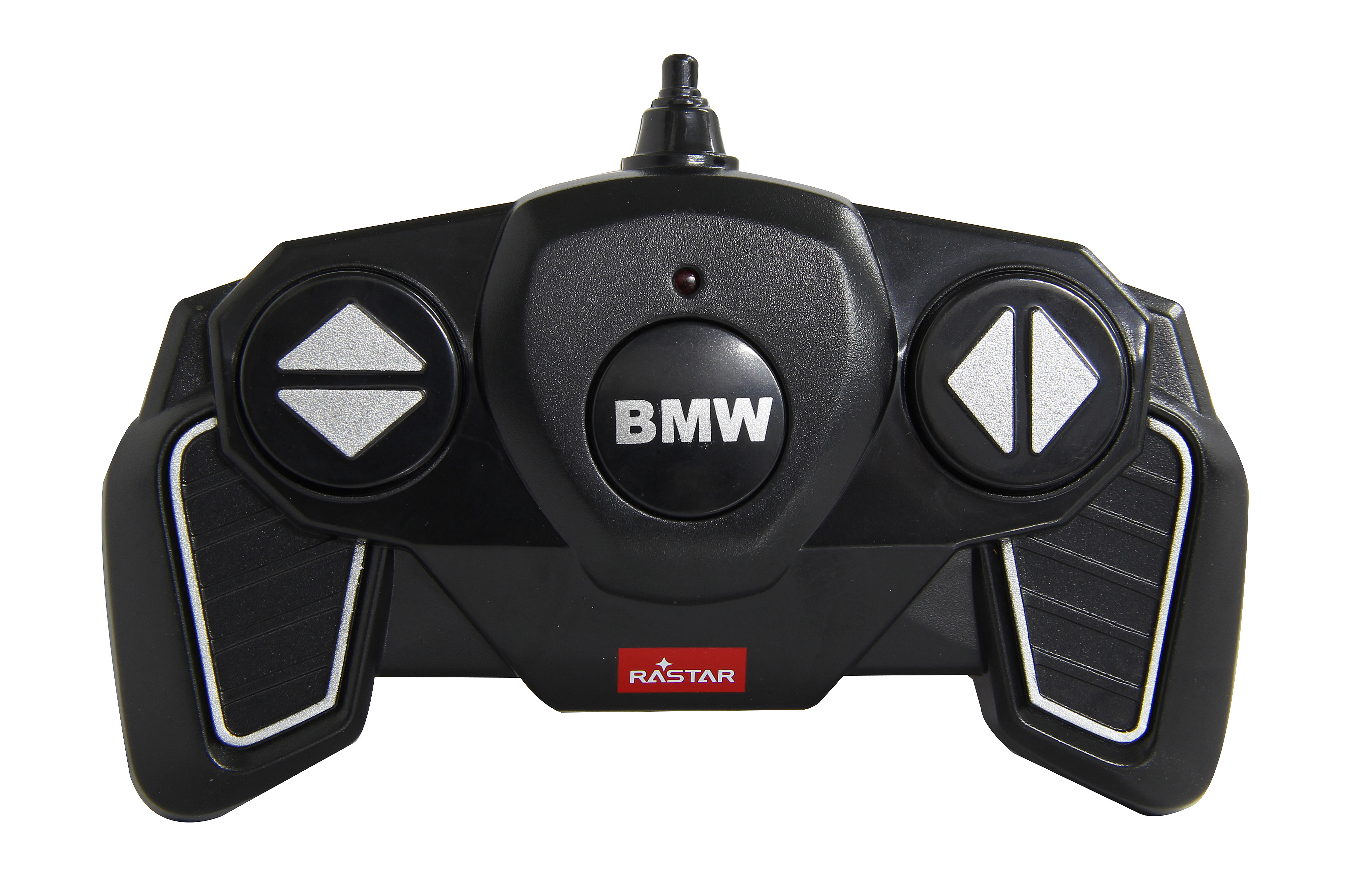 Eine schwarze Fernbedienung mit BMW-Logo und Pfeilen, auf weißem Hintergrund.