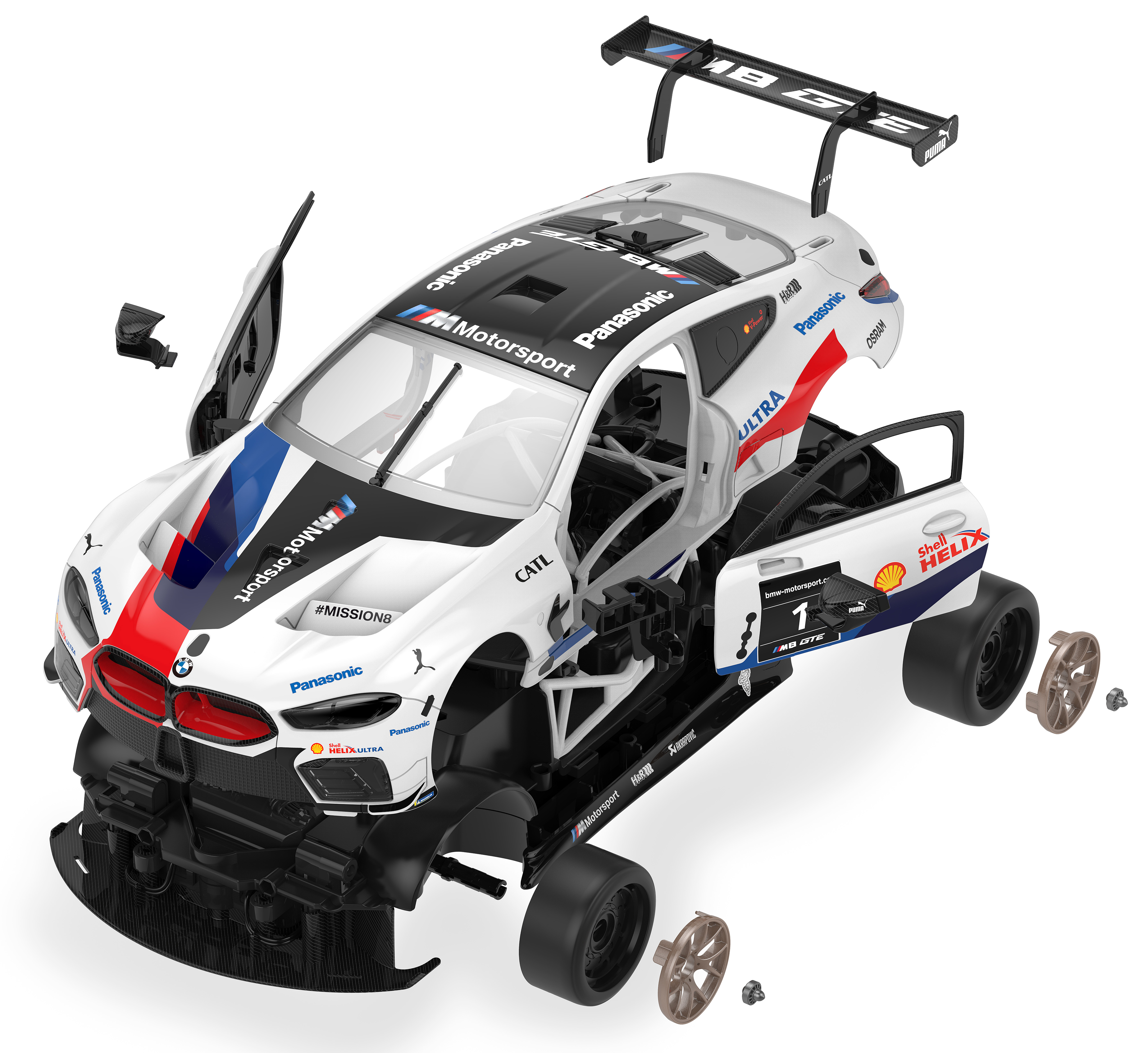 Zerlegtes weißes BMW-Rennwagen-Spielzeug mit blauen, roten und weißen Akzenten.