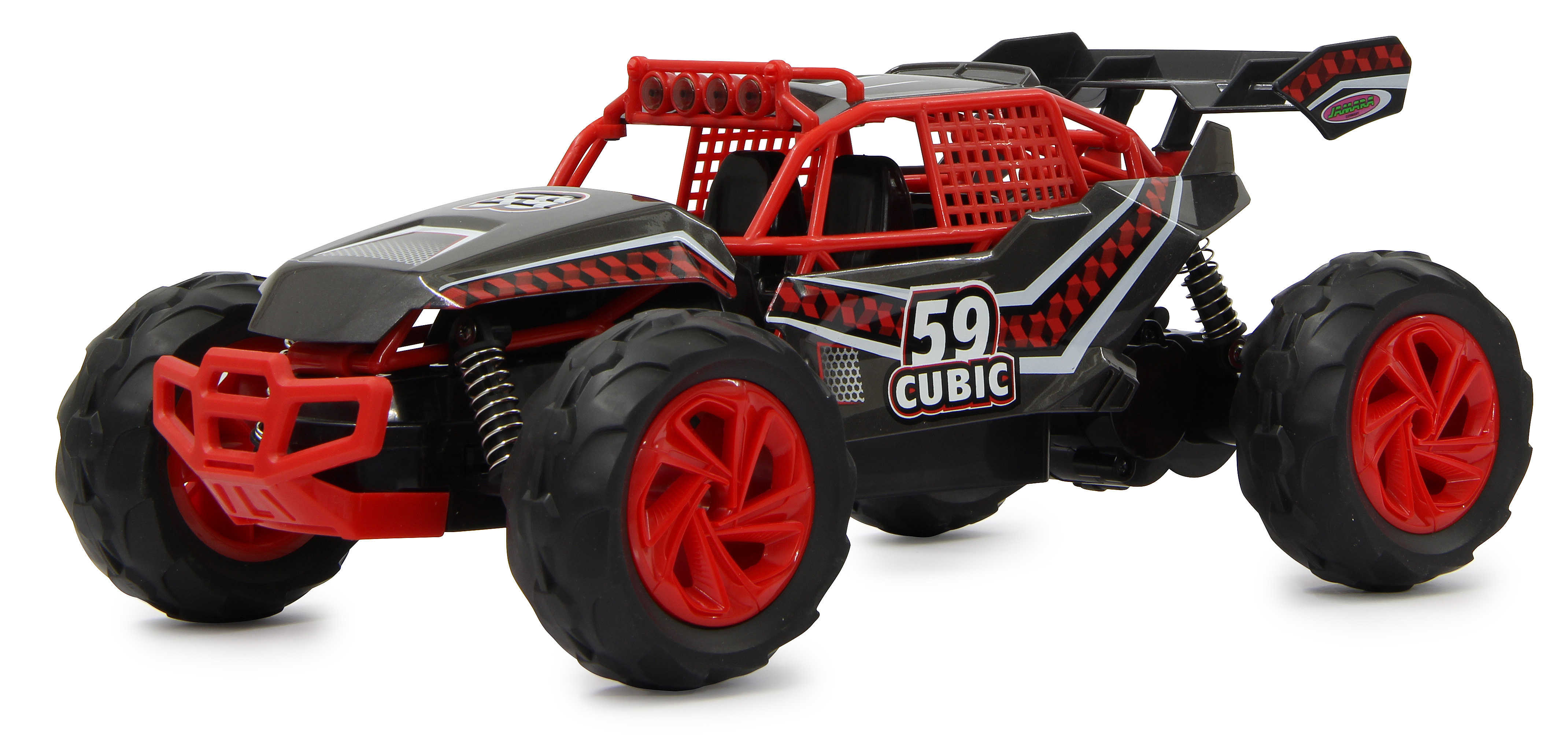 Coche todoterreno de juguete negro y rojo con el número 59 y grandes neumáticos rojos.