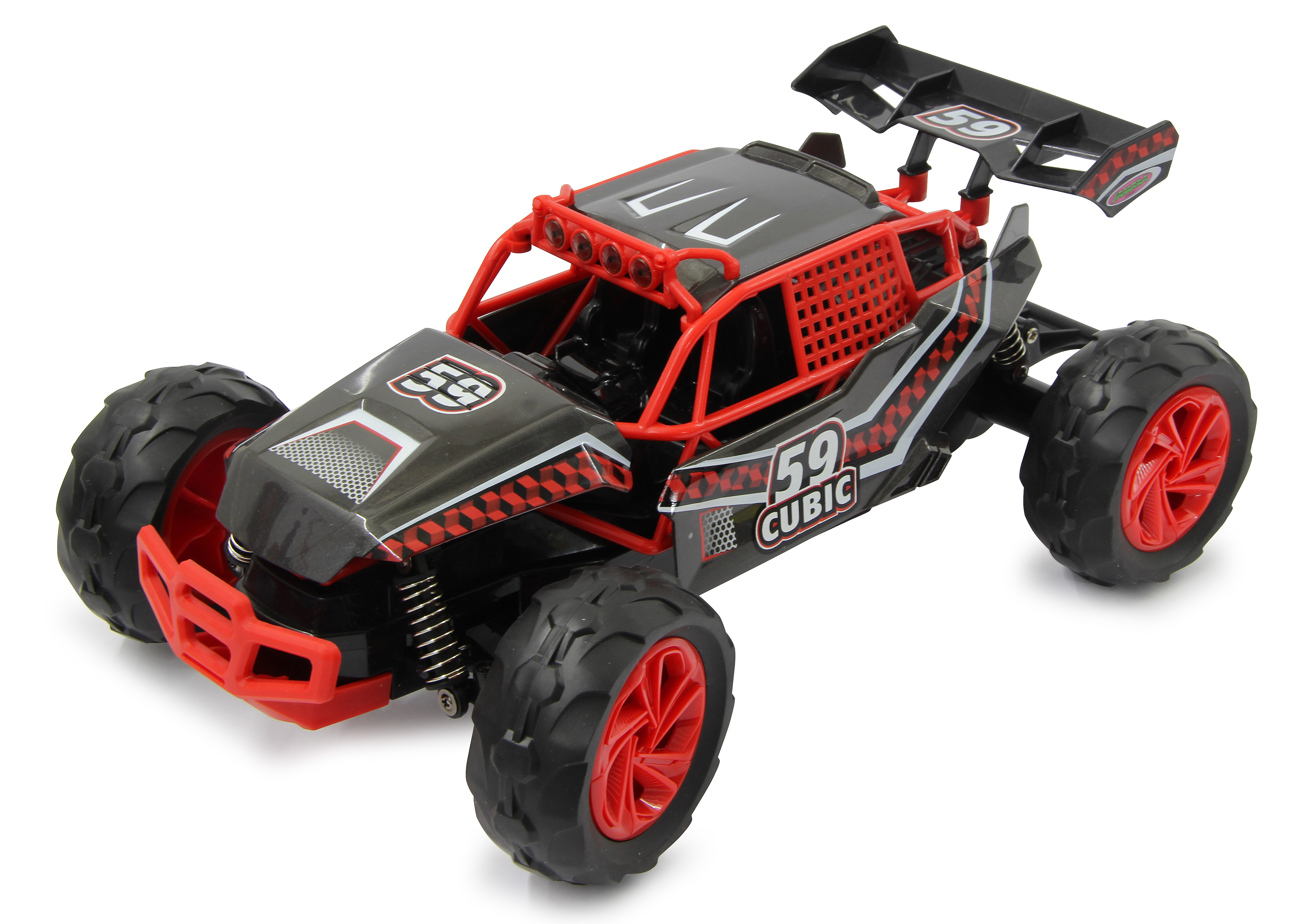 Un coche de juguete negro y rojo. Tiene el número 59 y cubic escrito. Las ruedas son rojas.