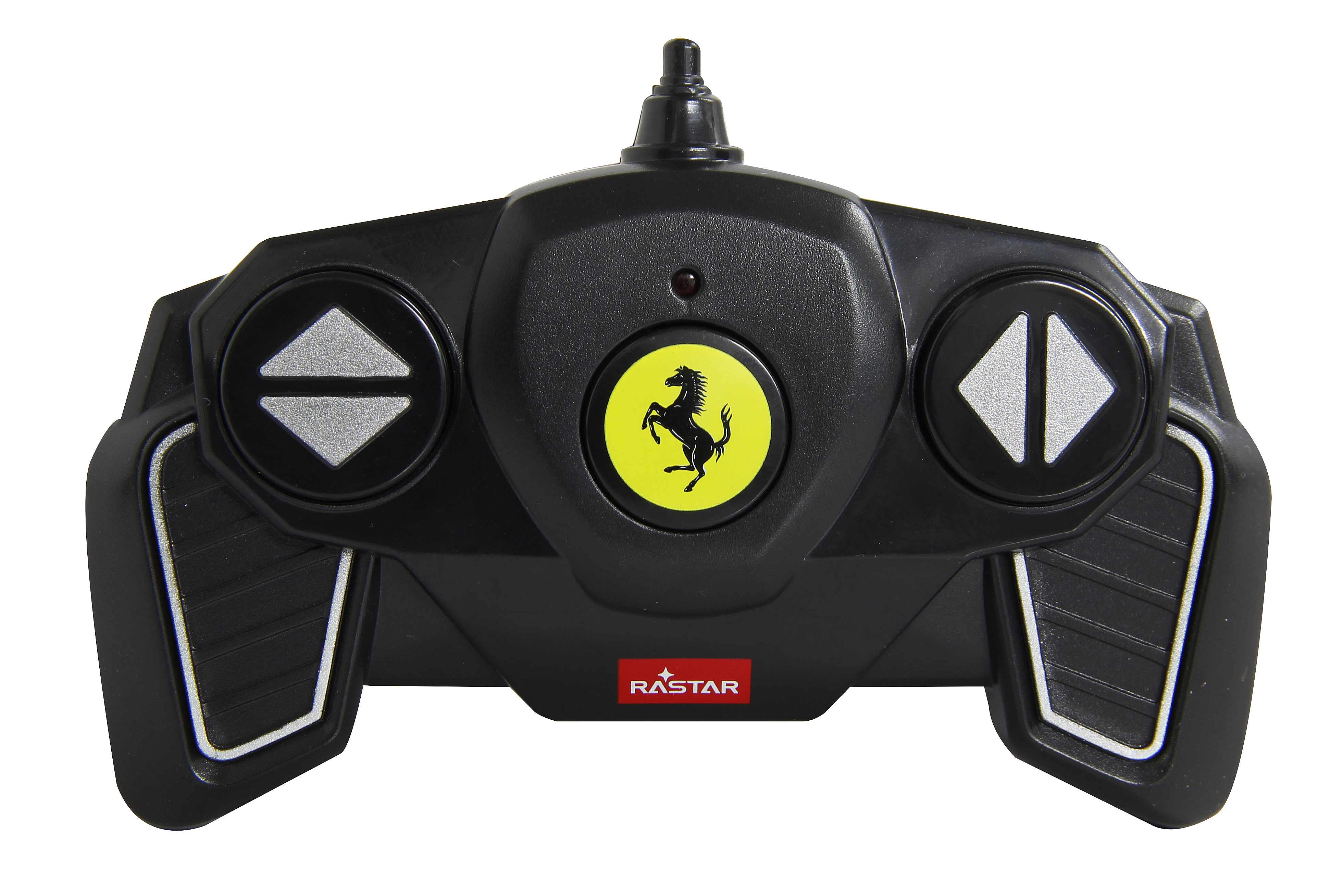 Schwarze Fernbedienung mit gelbem Ferrari-Logo und Pfeiltasten.