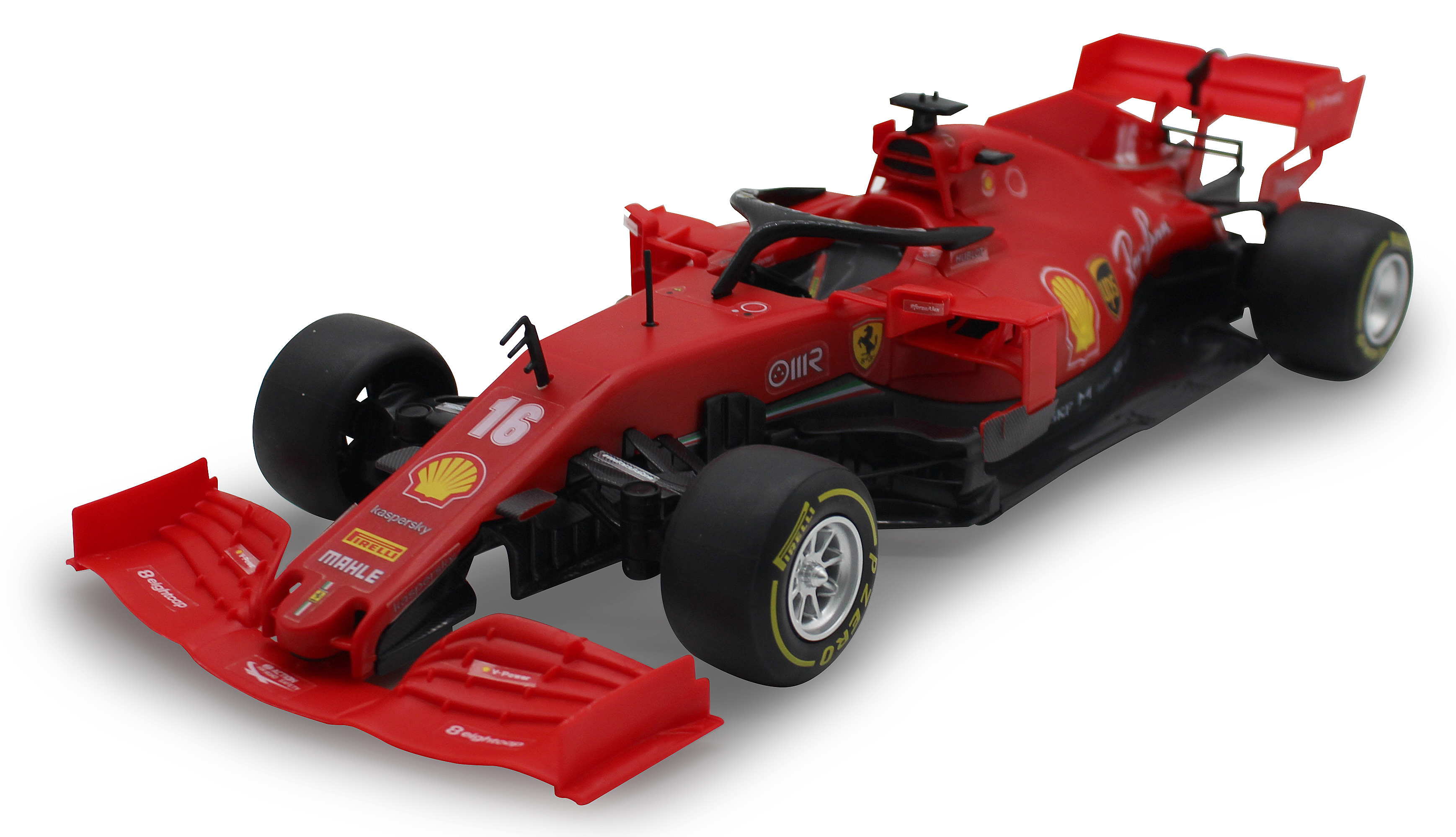 Ein rotes Spielzeug-Rennauto. Die Nummer 16 befindet sich vorne. Die Logos von Shell, Kaspersky und Mahle sind sichtbar.