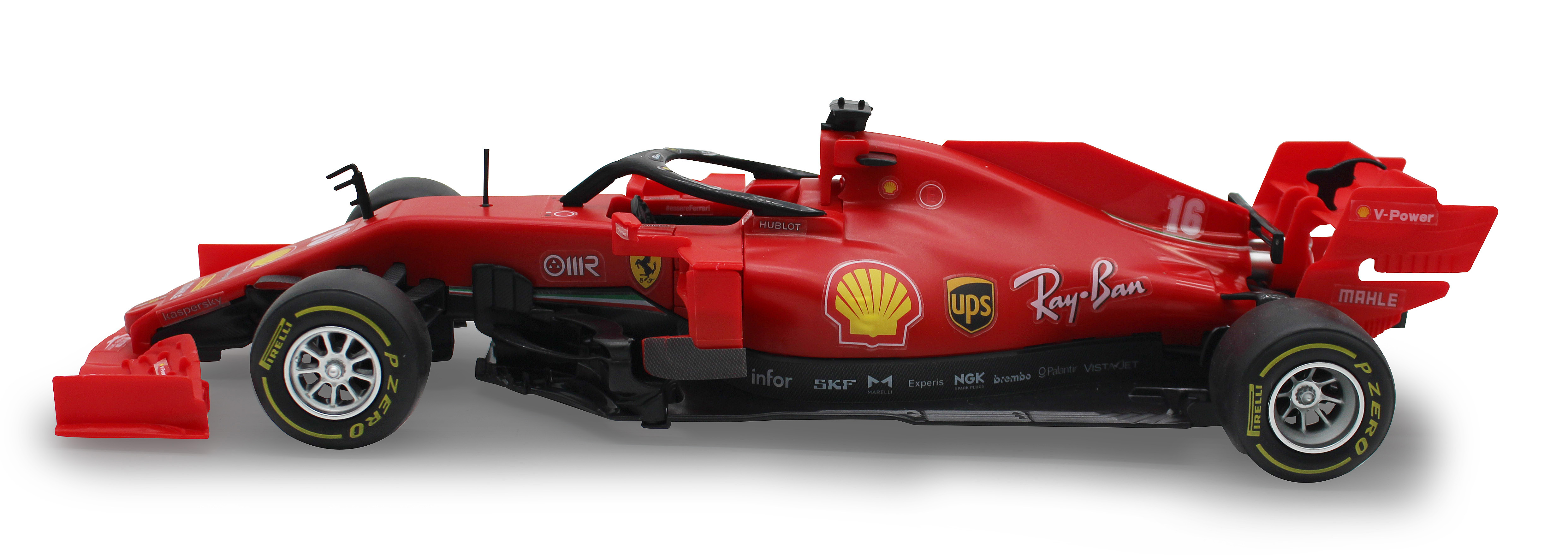 Rotes Spielzeug-Rennauto mit Sponsorenlogos, schwarzen Reifen und Seitenansicht.