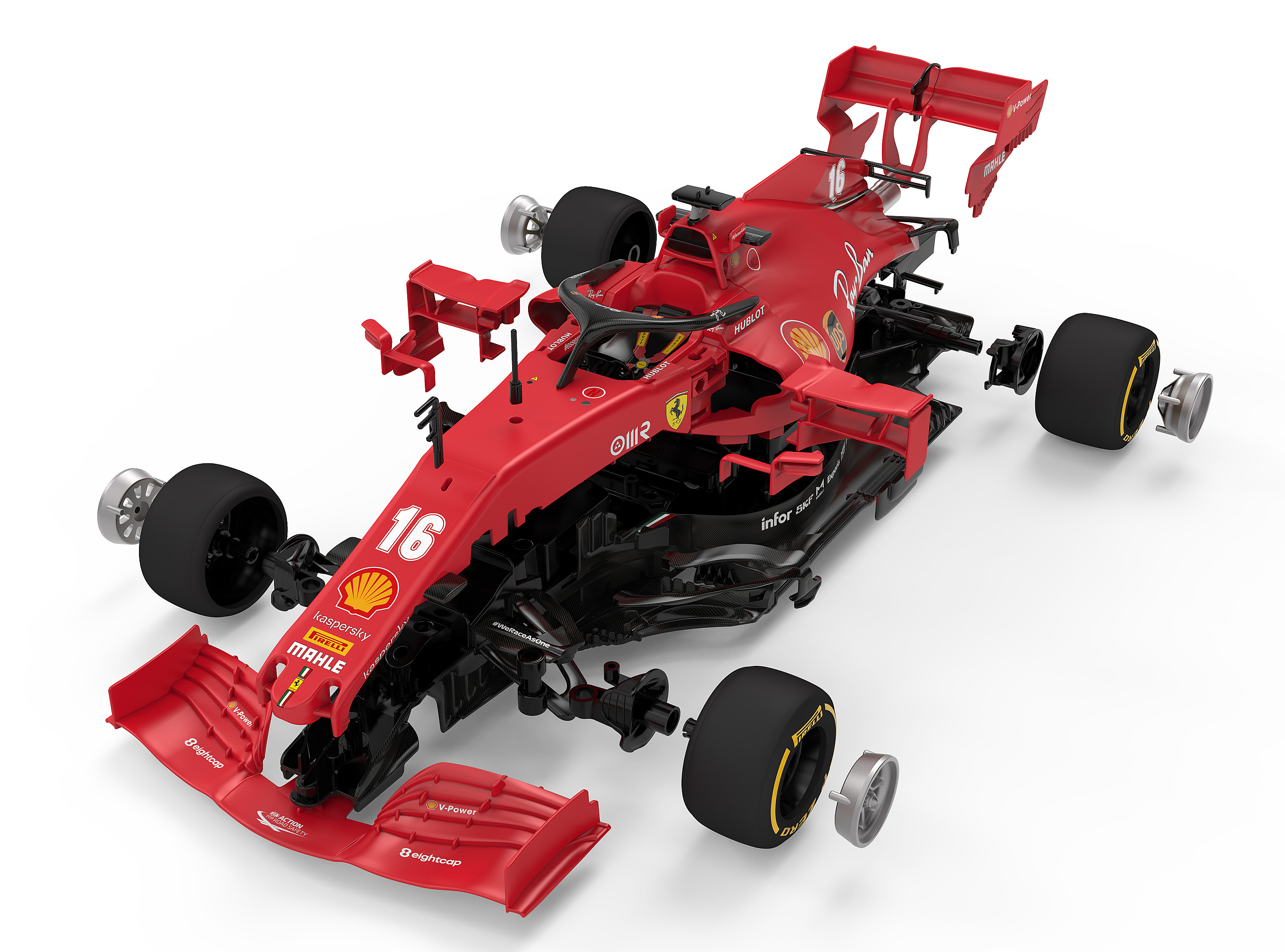 Zerlegtes rotes Spielzeug-Rennauto mit vielen sichtbaren Teilen, einschließlich Reifen und Sitz.