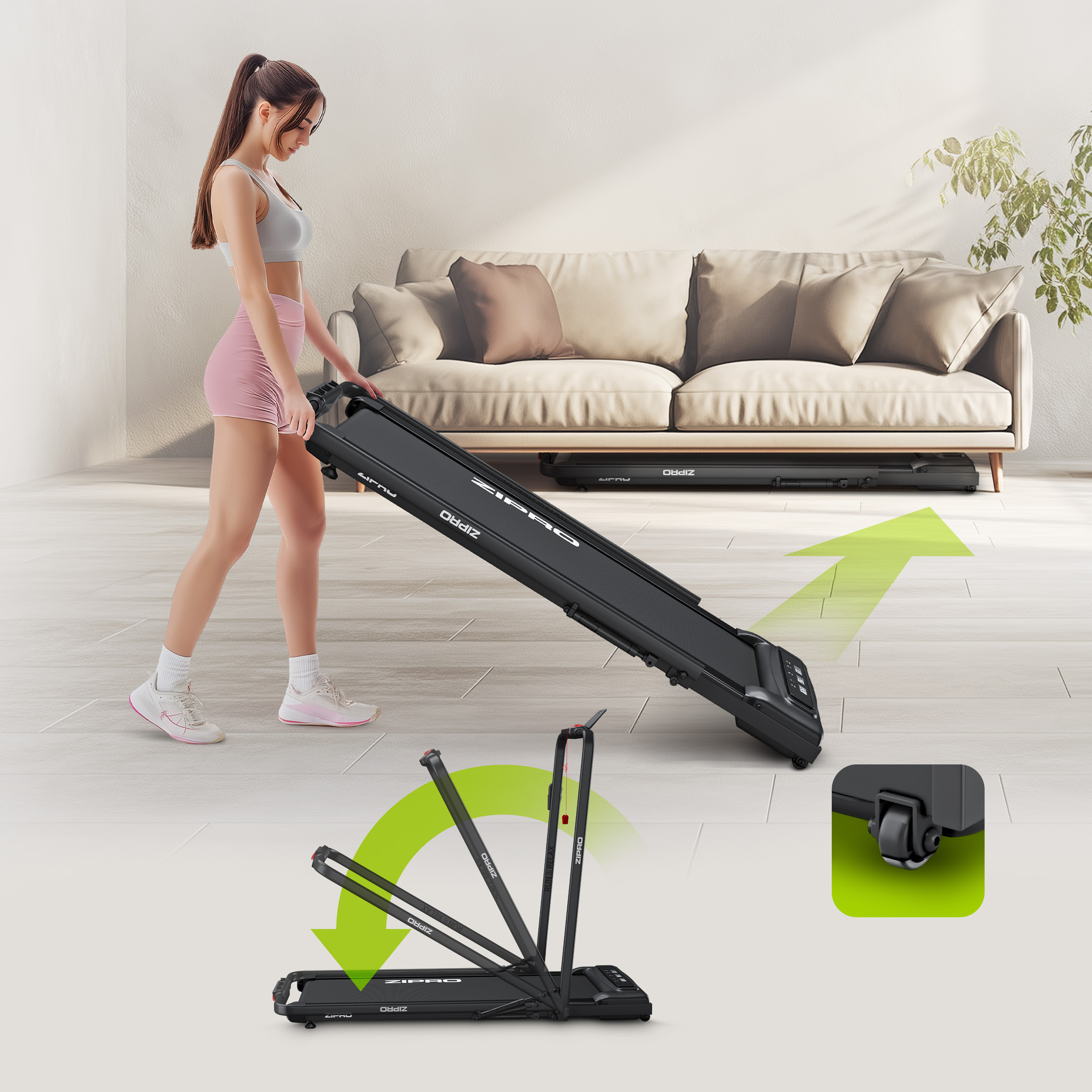 Una mujer plegando una cinta de correr negra. Flechas verdes indican las direcciones de plegado y rodado.