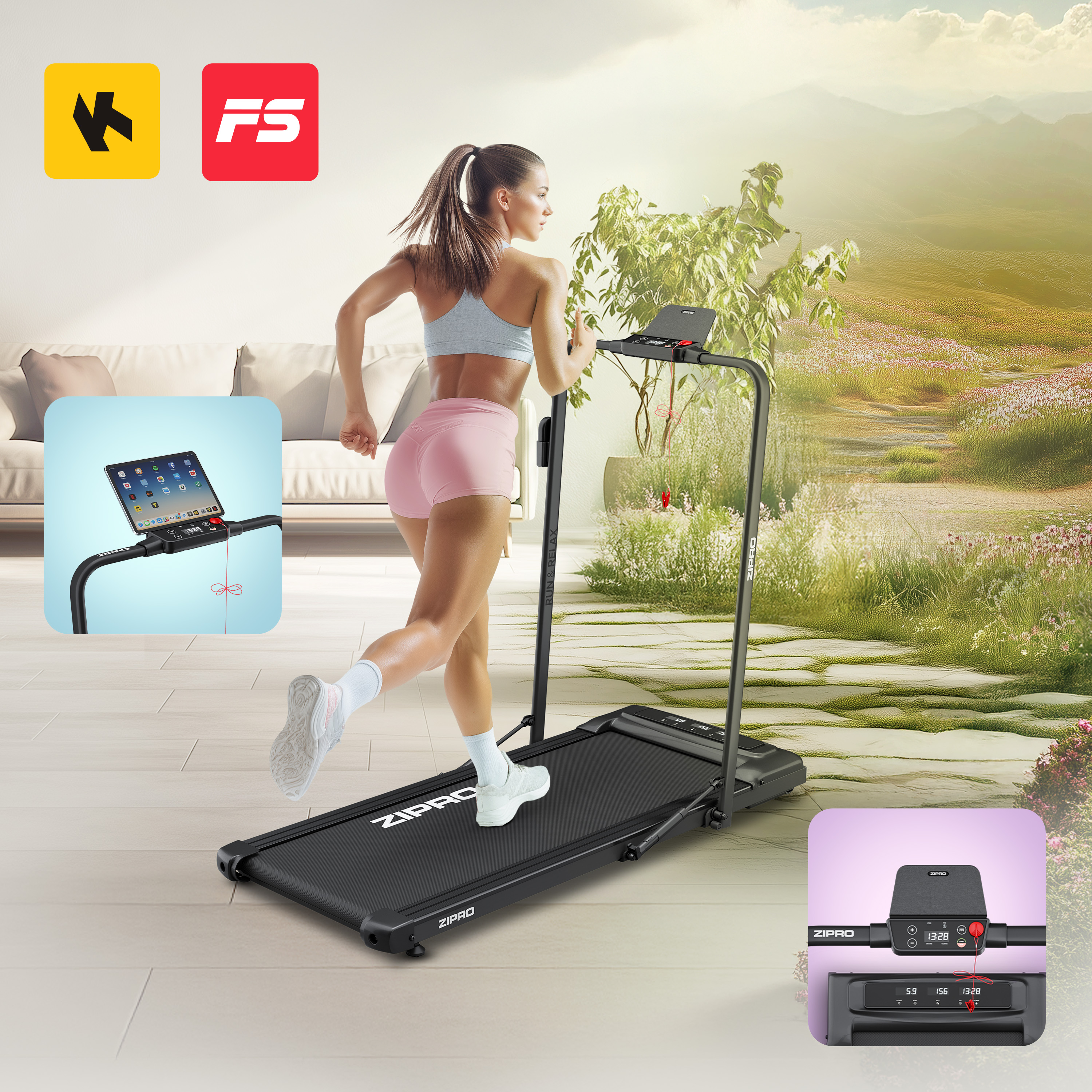 Eine Frau, die auf einem schwarzen Laufband mit Tablet läuft, mit Fitness-App-Symbolen und malerischem Hintergrund.