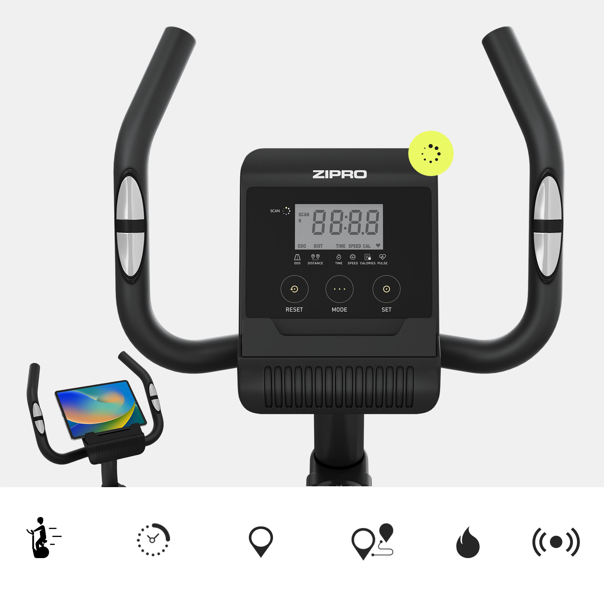 Nahaufnahme der Konsole eines Heimtrainers mit Digitalanzeige und Symbolen, mit Lenker und Tablethalter.