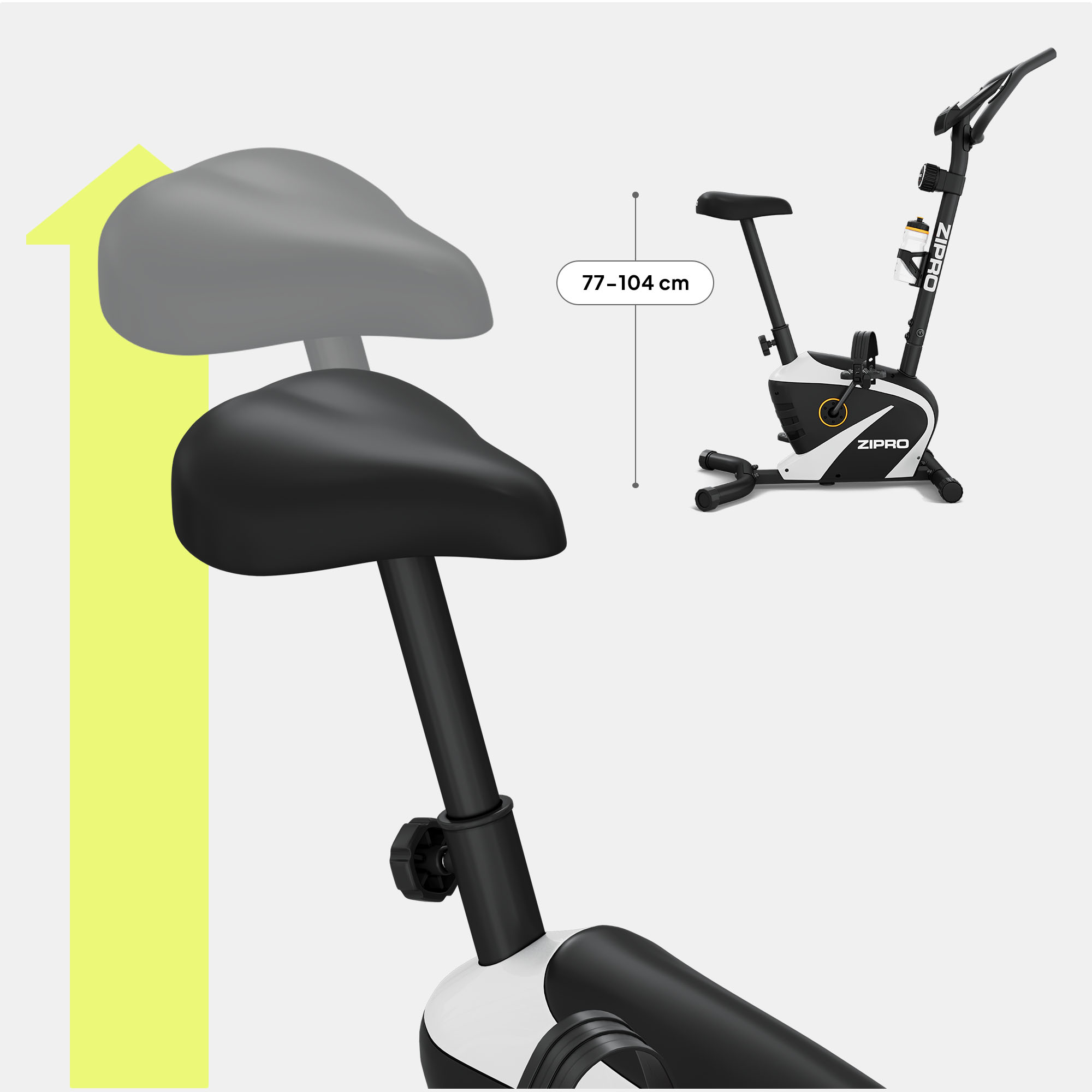 Heimtrainer mit schwarz-weißem Design. Der Sitz ist verstellbar. Die Höhe beträgt 77-104 cm.