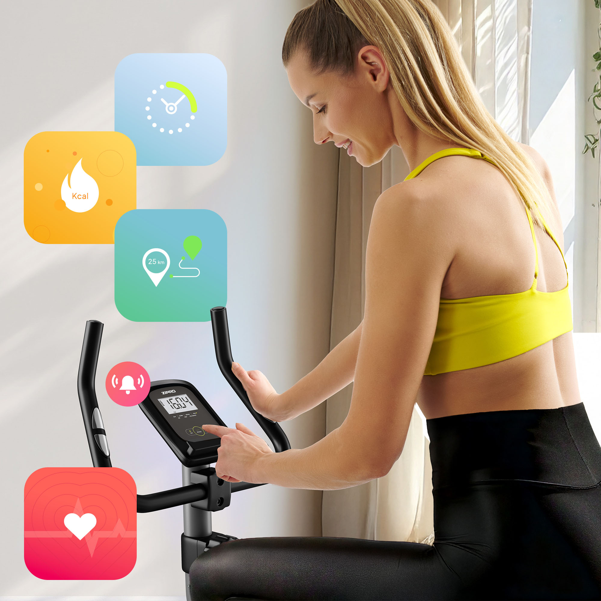 Una mujer usando una máquina elíptica, con una pantalla digital e iconos. Los iconos muestran calorías, tiempo y ubicación.