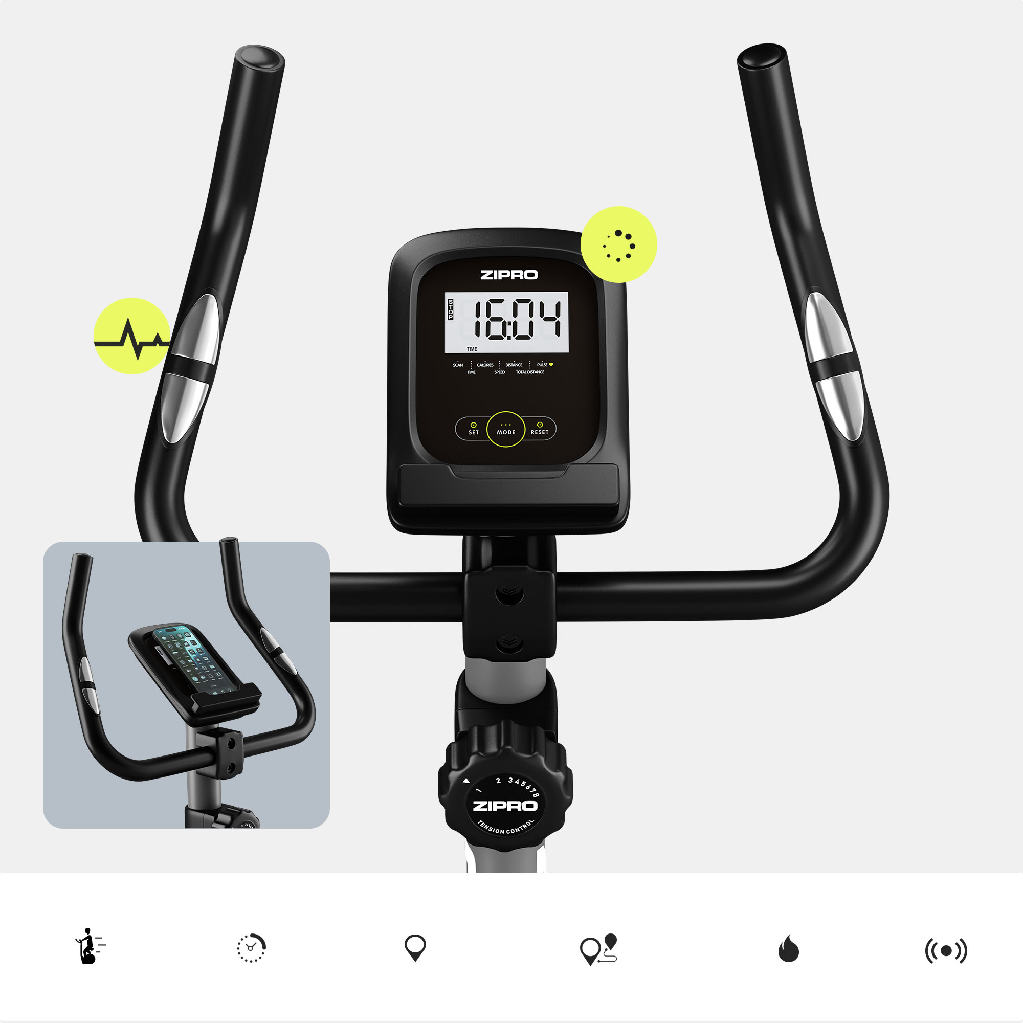 Bicicleta estática negra con pantalla digital que muestra la hora. Tiene manijas y un soporte para teléfono. Hay acentos e iconos amarillos.