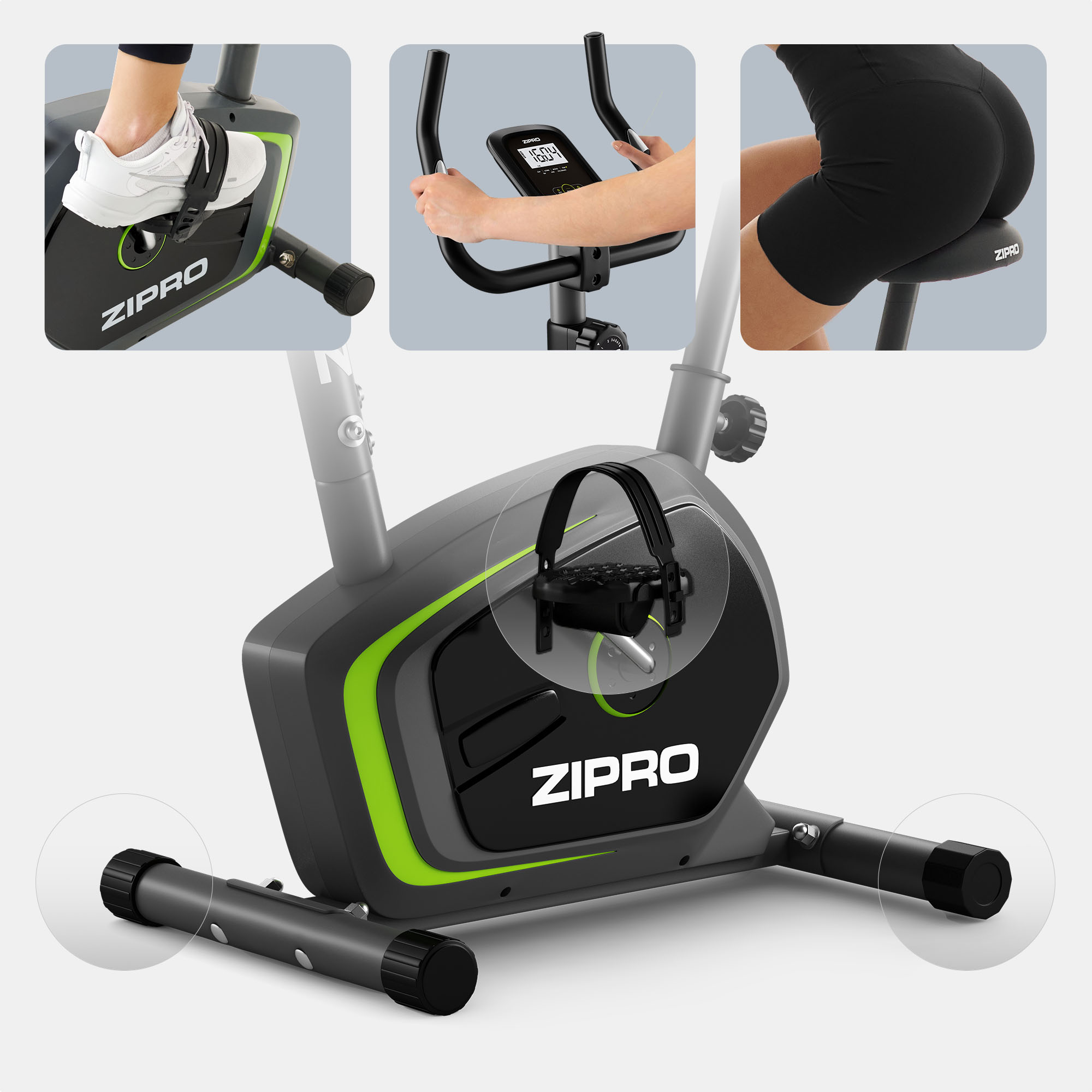 Bicicleta estática con primeros planos de pies, manos y asiento. La bicicleta es negra y verde con la marca ZIPRO.