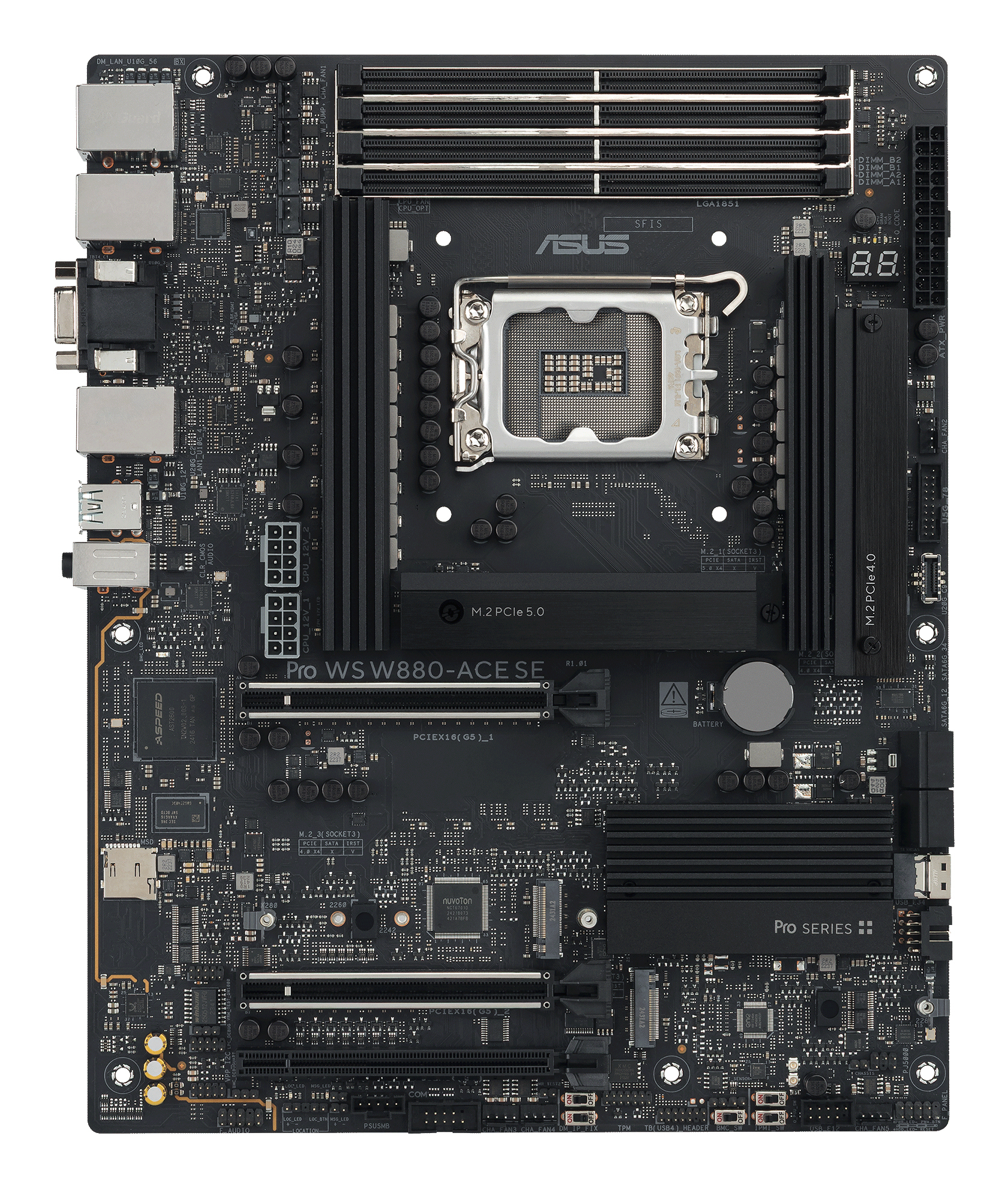 Czarna płyta główna z logo ASUS. Posiada wiele gniazd, portów i gniazdo CPU. Widoczne 'Pro WS880-ACE SE'.