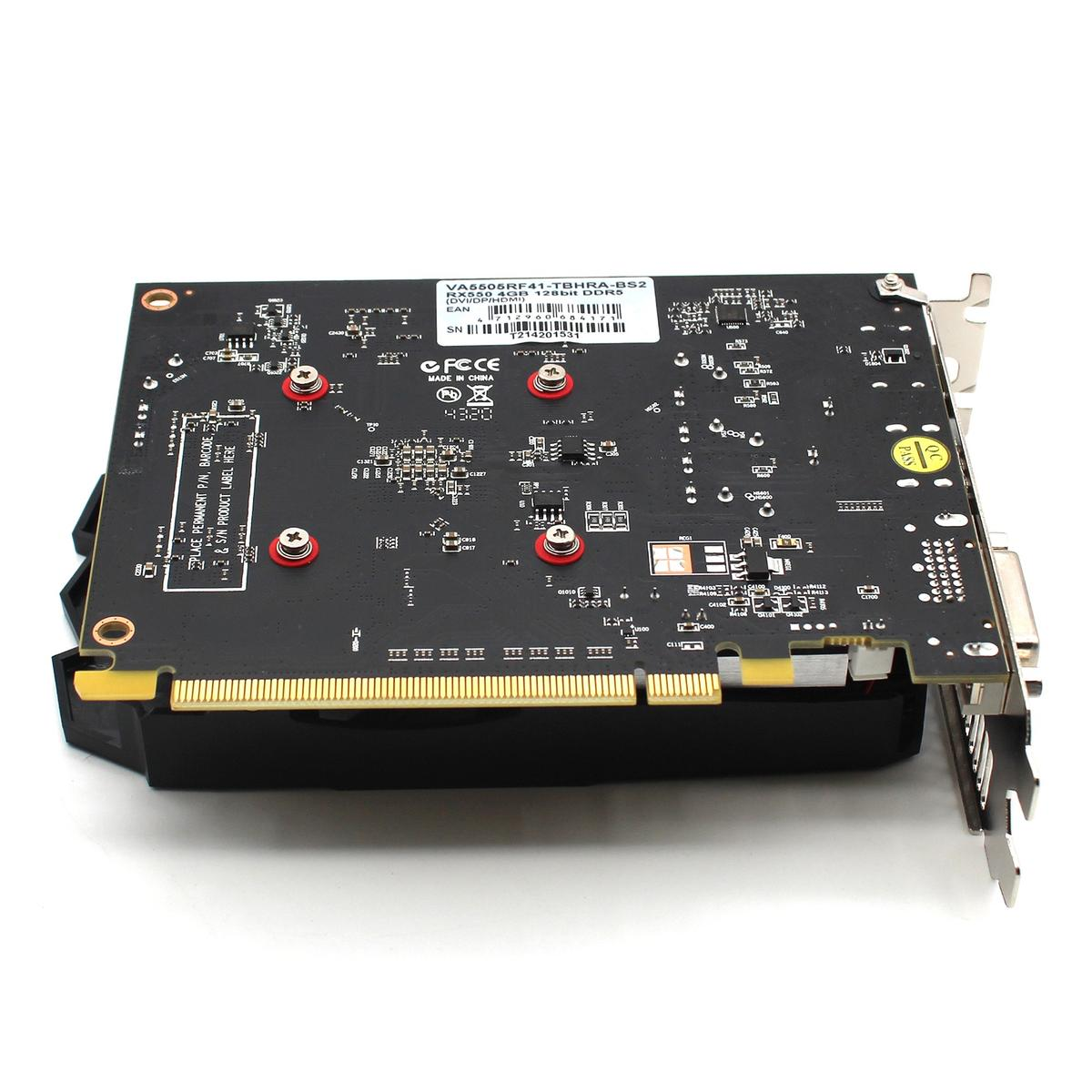 Czarna i złota karta graficzna komputera. Widok z tyłu na białym tle. Widoczne czerwone śruby i etykiety.