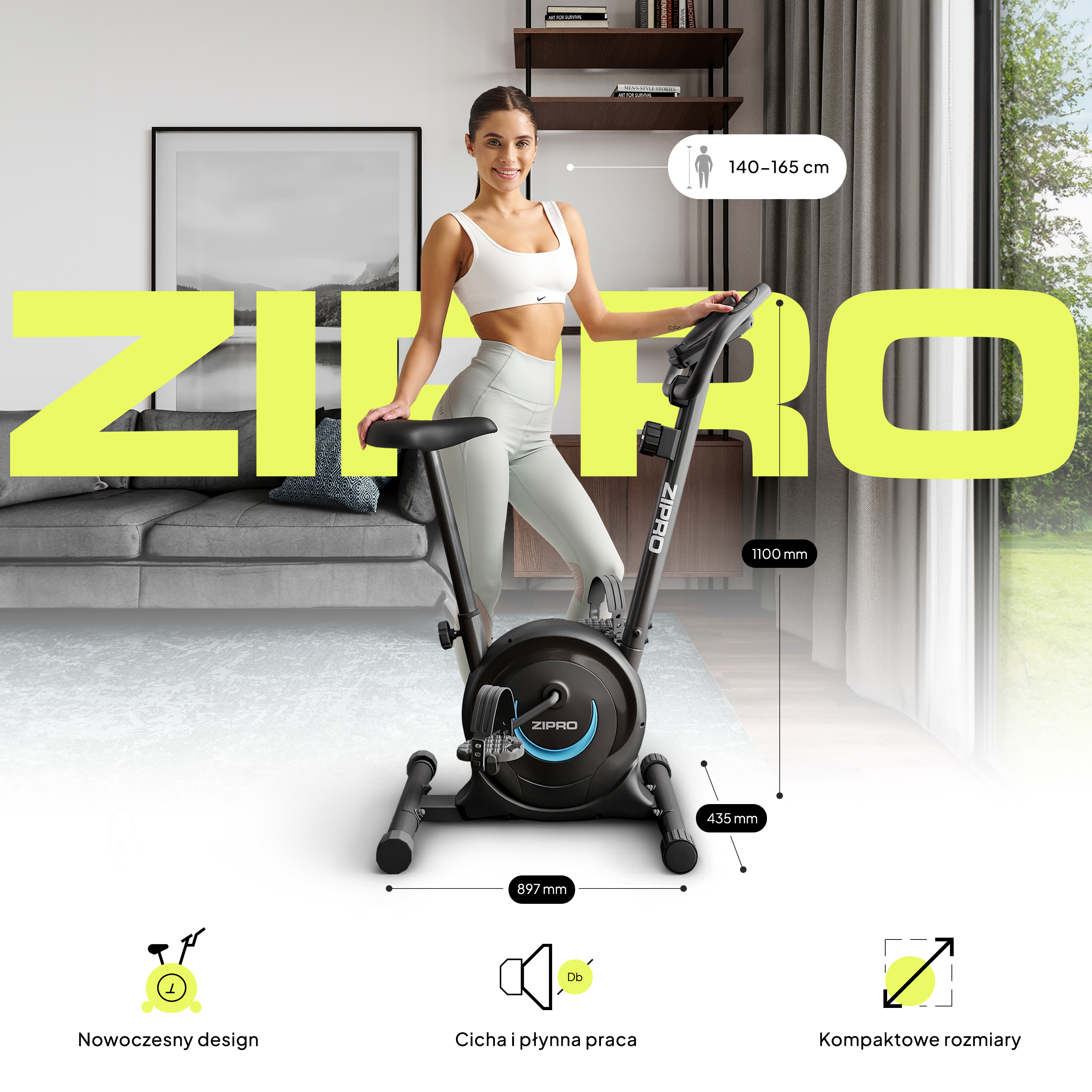 Frau mit Heimtrainer. Maße und Symbole werden mit dem Produkt angezeigt.
