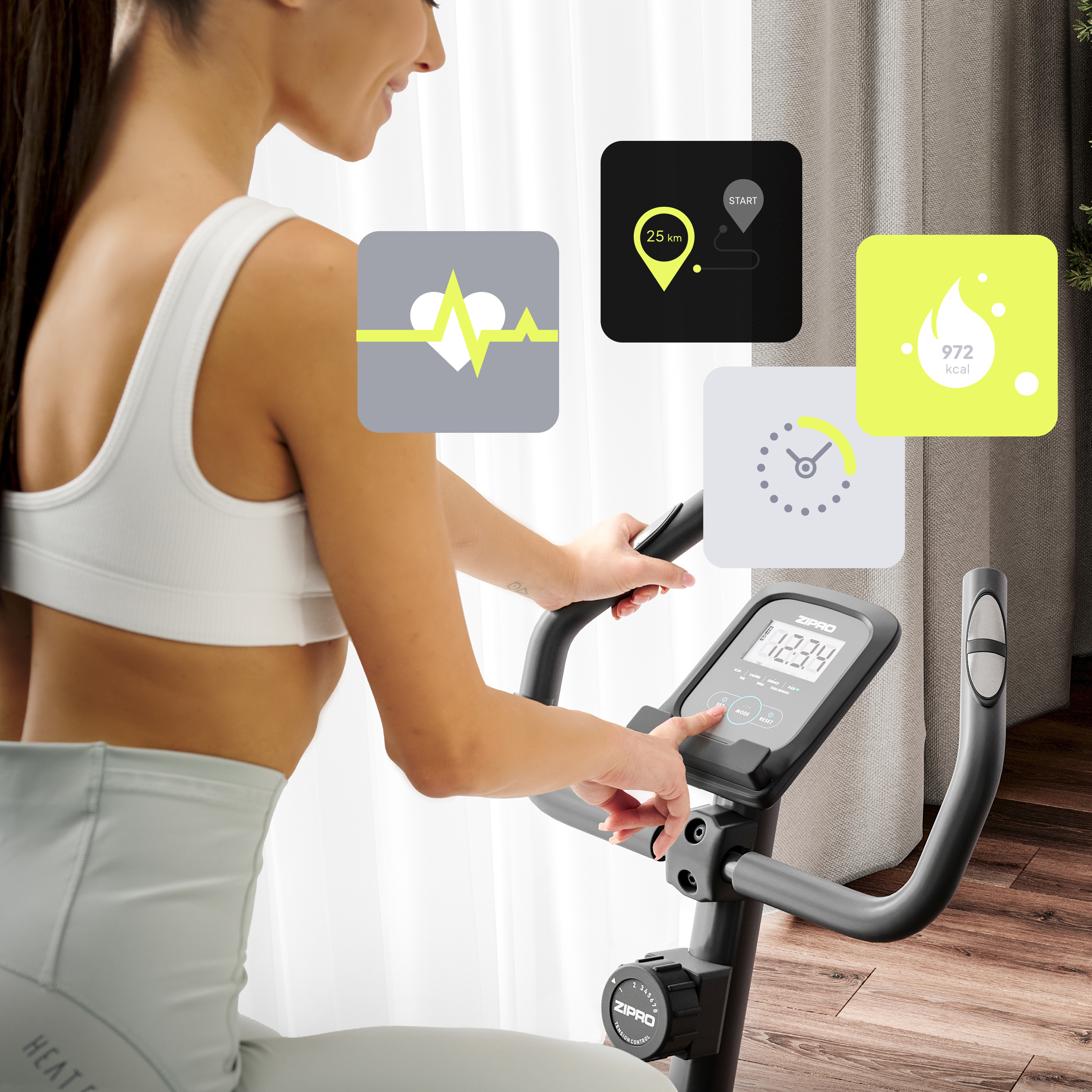 Frau benutzt Heimtrainer. Anzeige zeigt Statistiken. Symbole für Herzfrequenz, Distanz und Kalorien sind sichtbar.