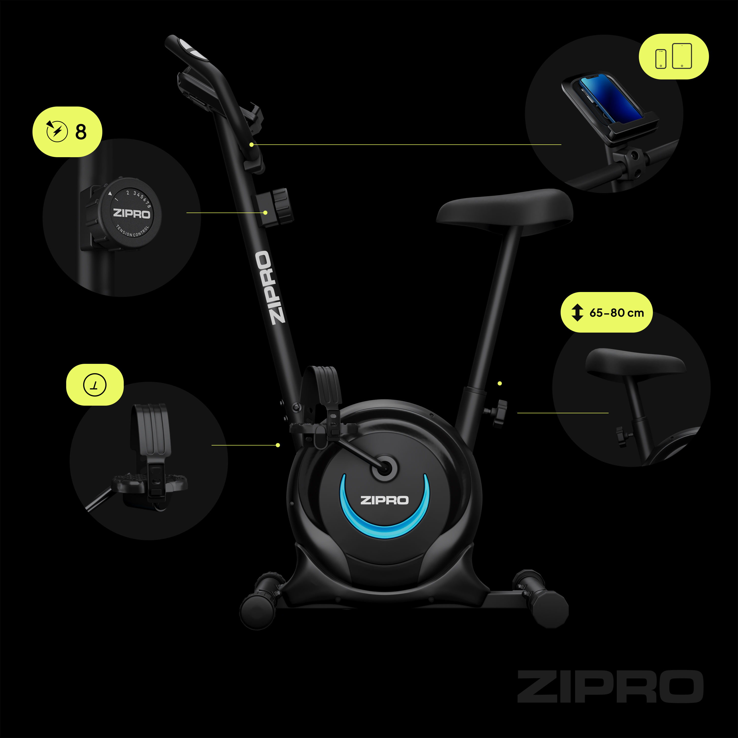 Schwarzes stationäres Fahrrad mit ZIPro-Logo. Symbole für Widerstand, Sitzeinstellung und Telefonhalter. Schwarzer Hintergrund.
