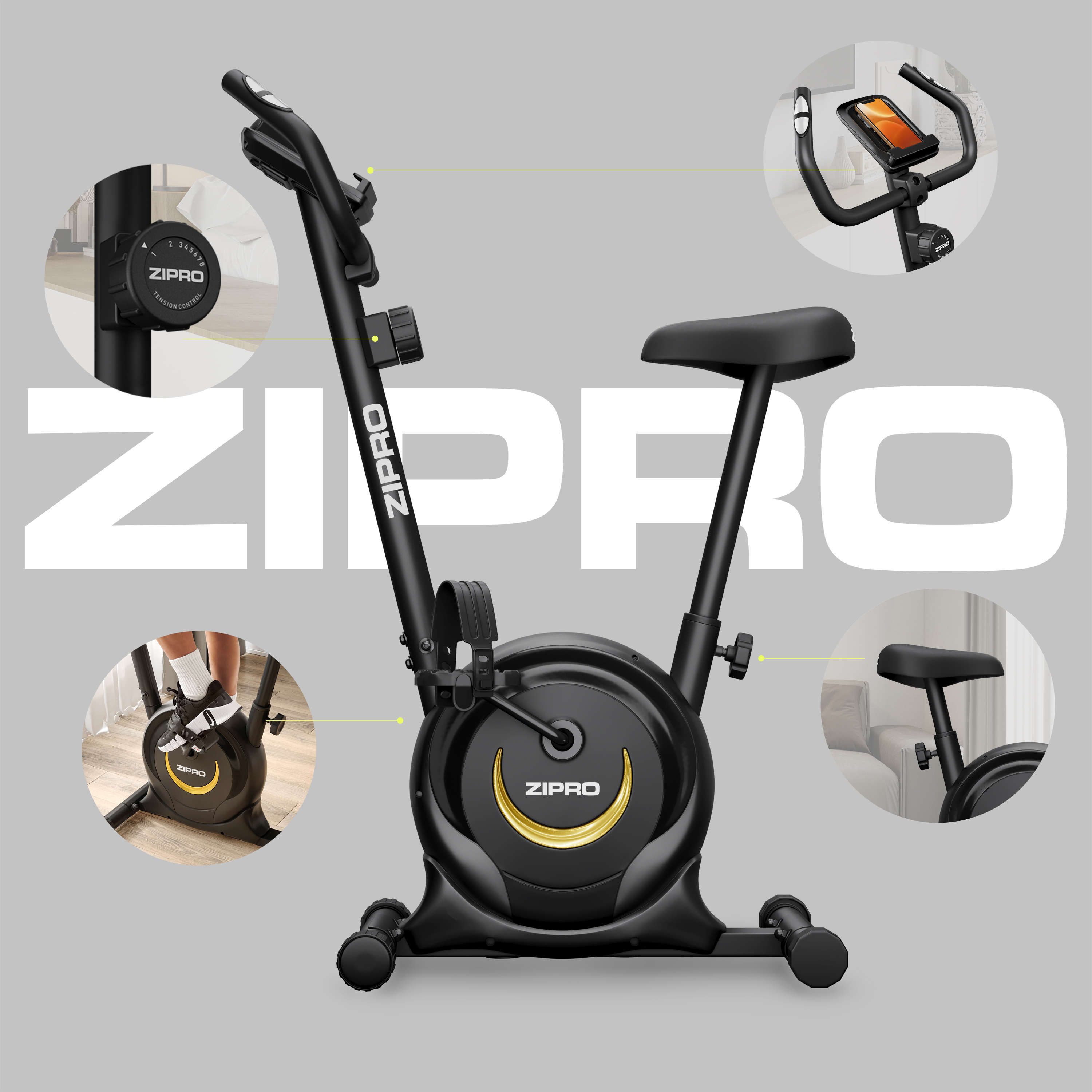 Schwarzes stationäres Fahrrad mit ZIPro-Logo. Anzeige verschiedener Funktionen. Schwarze und goldene Akzente. Grauer Hintergrund.