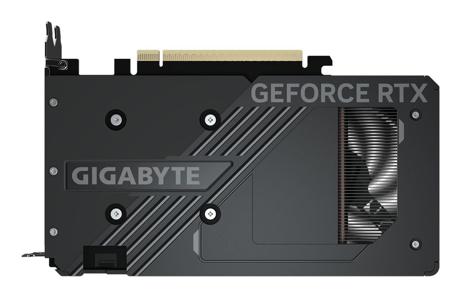 Karta graficzna Gigabyte GeForce RTX. Czarno-szary design. Z logo Gigabyte i tekstem GeForce RTX.