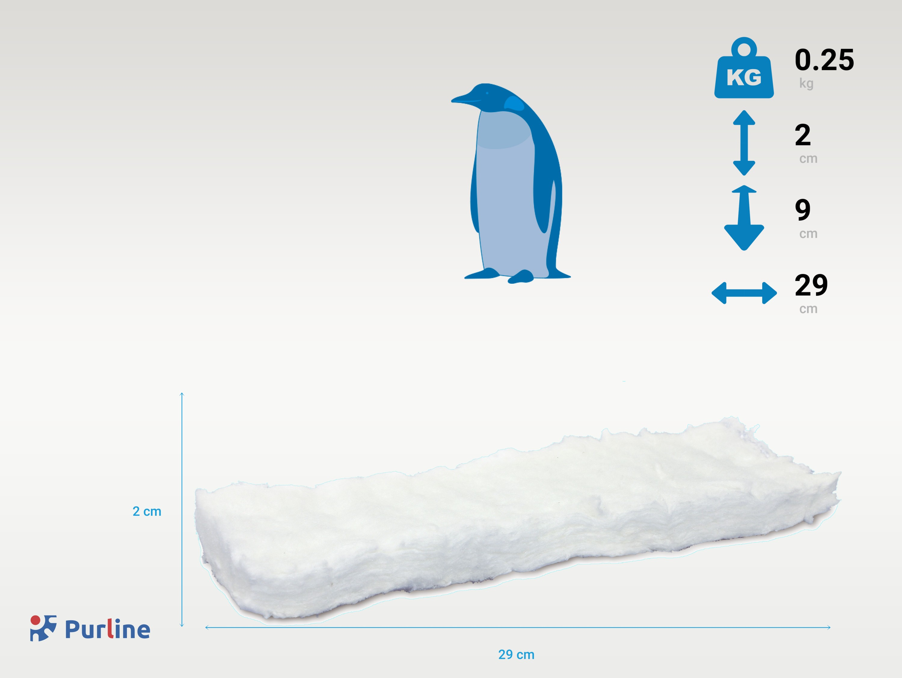 Imagen que muestra las dimensiones del producto de un filtro blanco rectangular, con una ilustración de un pingüino encima.