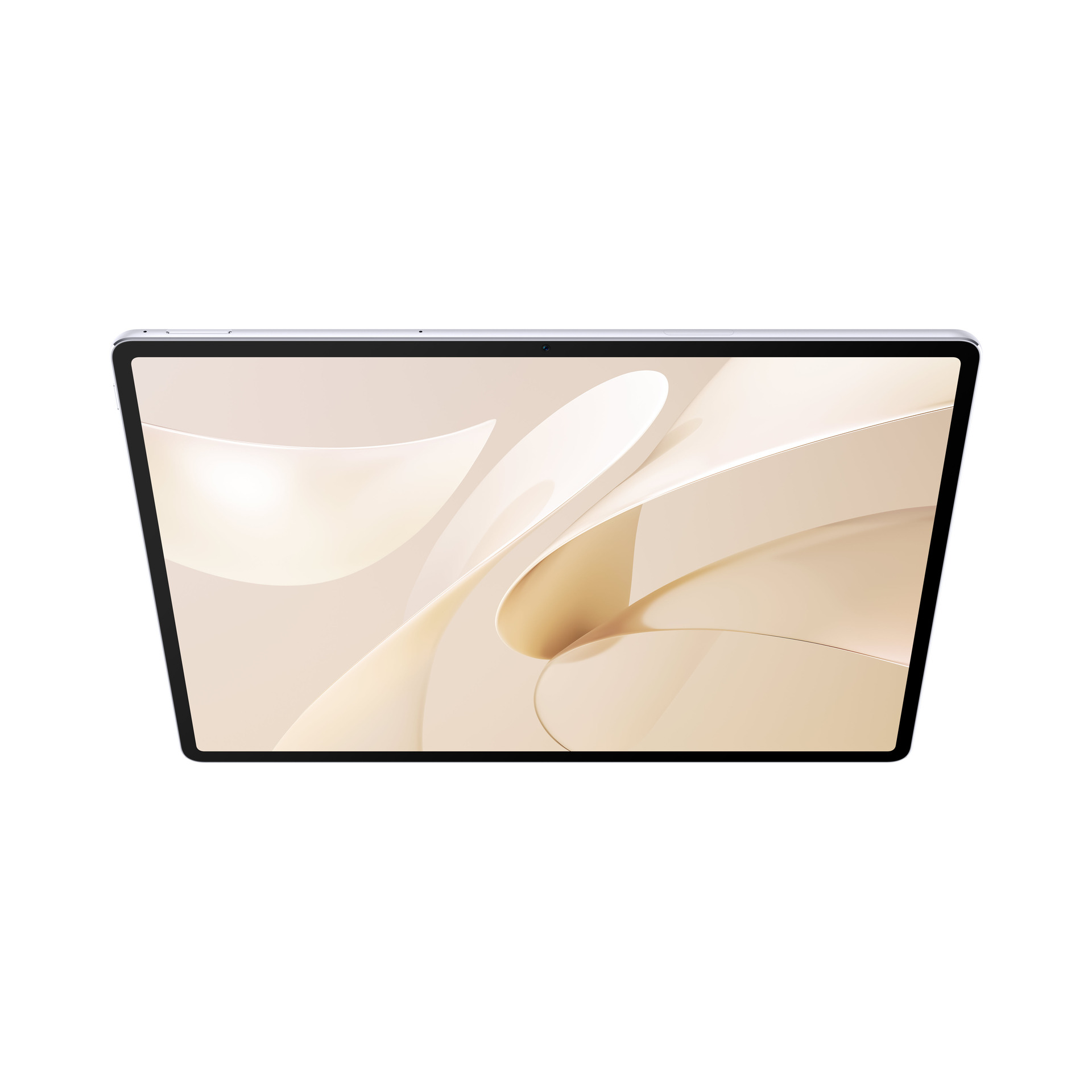 Tablet mit beigem abstraktem Wellendesign auf dem Bildschirm, schwarzem Rahmen, auf weißem Hintergrund.