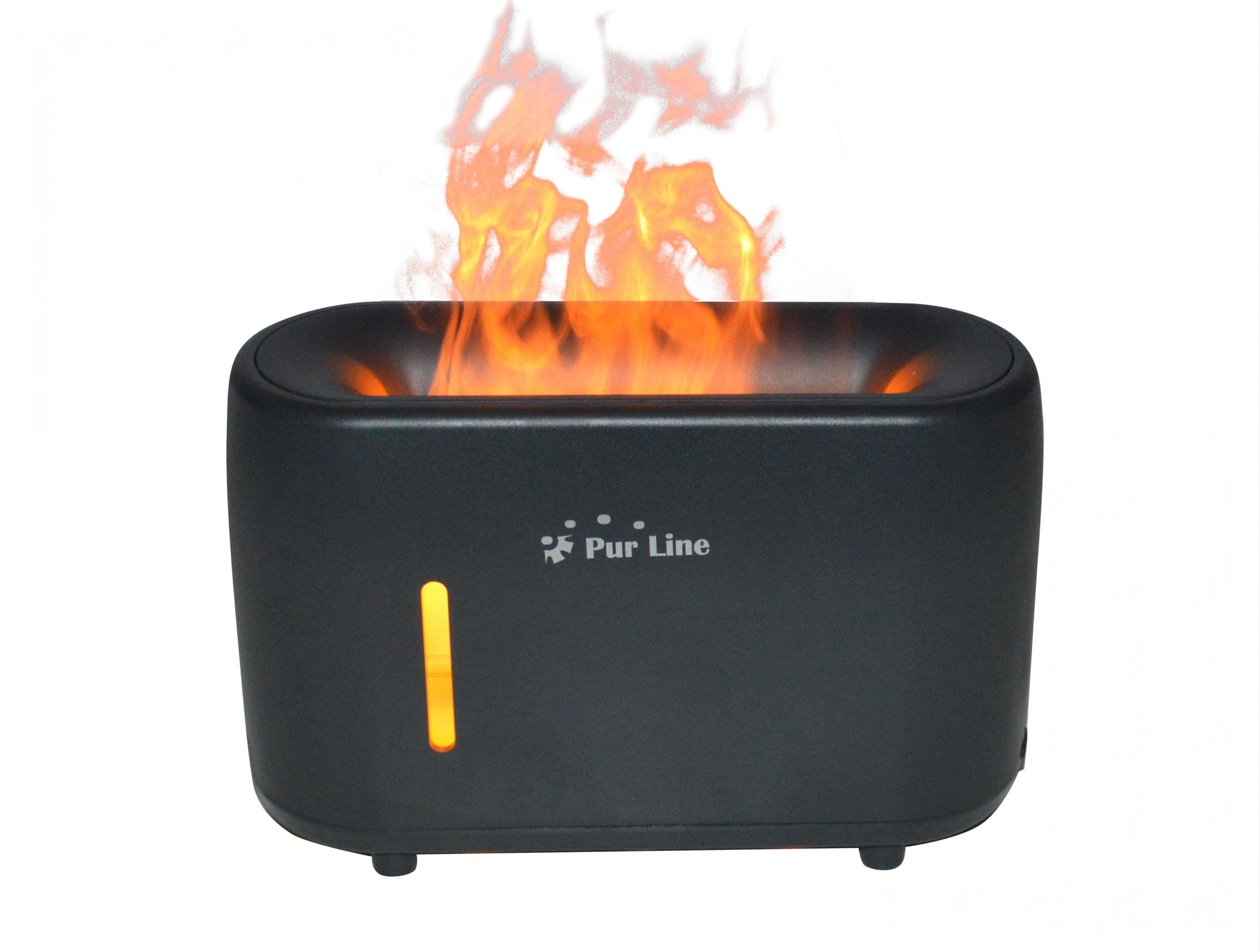 Eine schwarze dekorative Lampe mit Flammeneffekt und dem Logo „Pur Line“ auf der Vorderseite.
