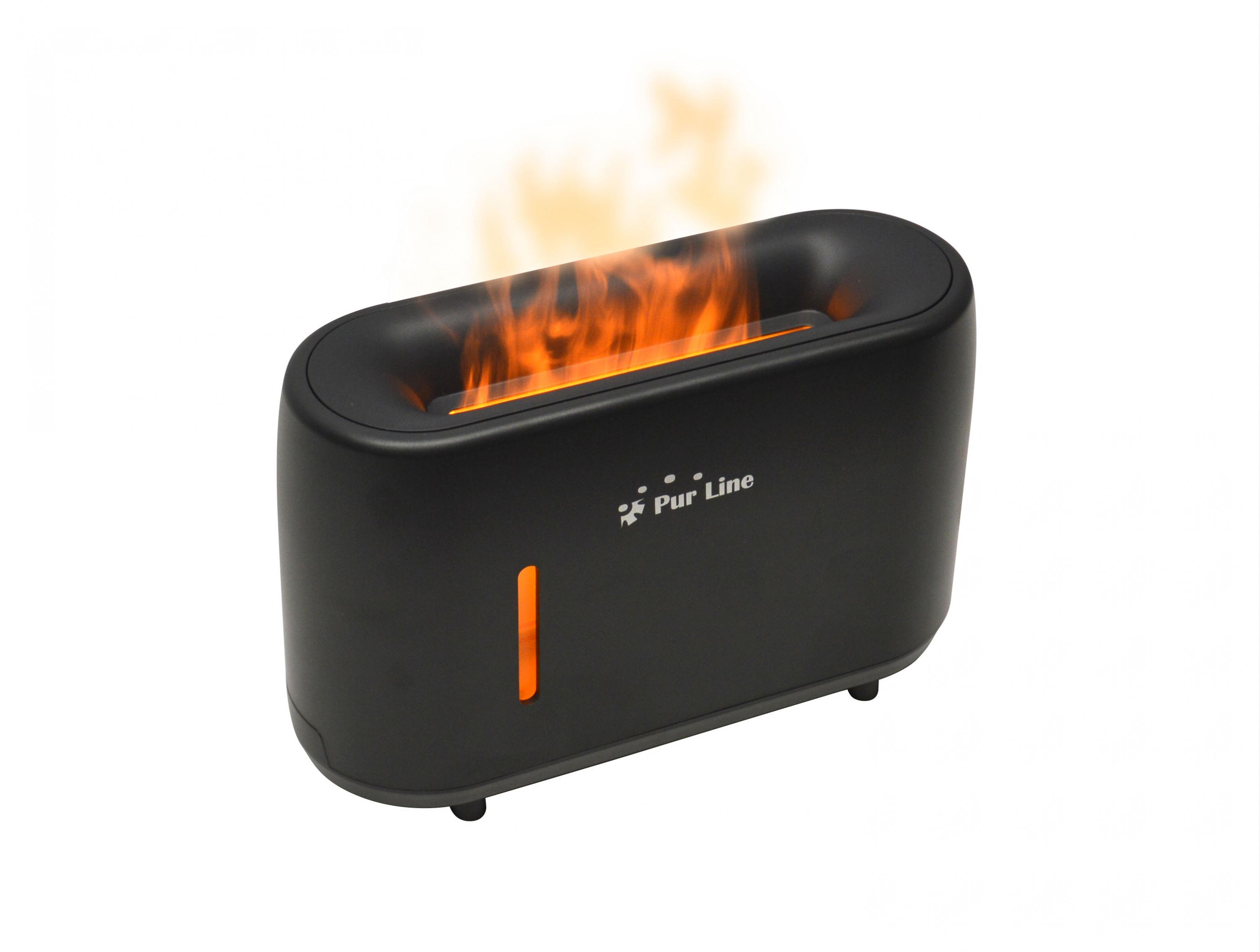 Eine schwarze dekorative Lampe mit Flammeneffekt und dem Logo „Pur Line“ auf der Vorderseite.