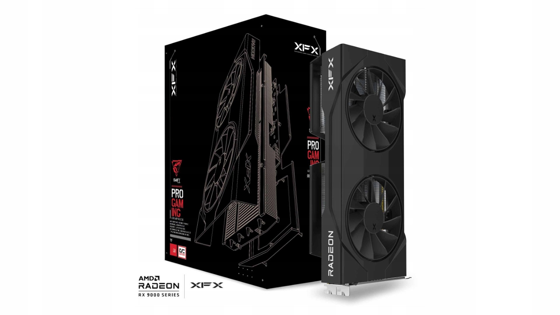 Czarna karta graficzna XFX Radeon RX 9000 series z pudełkiem. Karta ma dwa wentylatory. Pudełko ma zdjęcie karty.