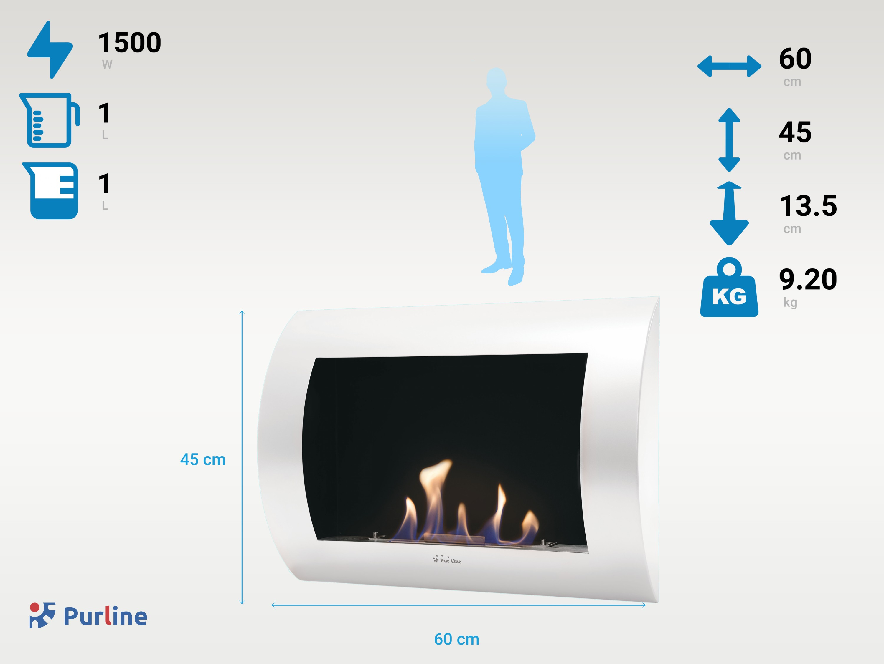 Weißer, geschwungener Kamin mit Flammen im Inneren. Abmessungen und Leistungsdetails sind angegeben. 'Purline'-Logo sichtbar.