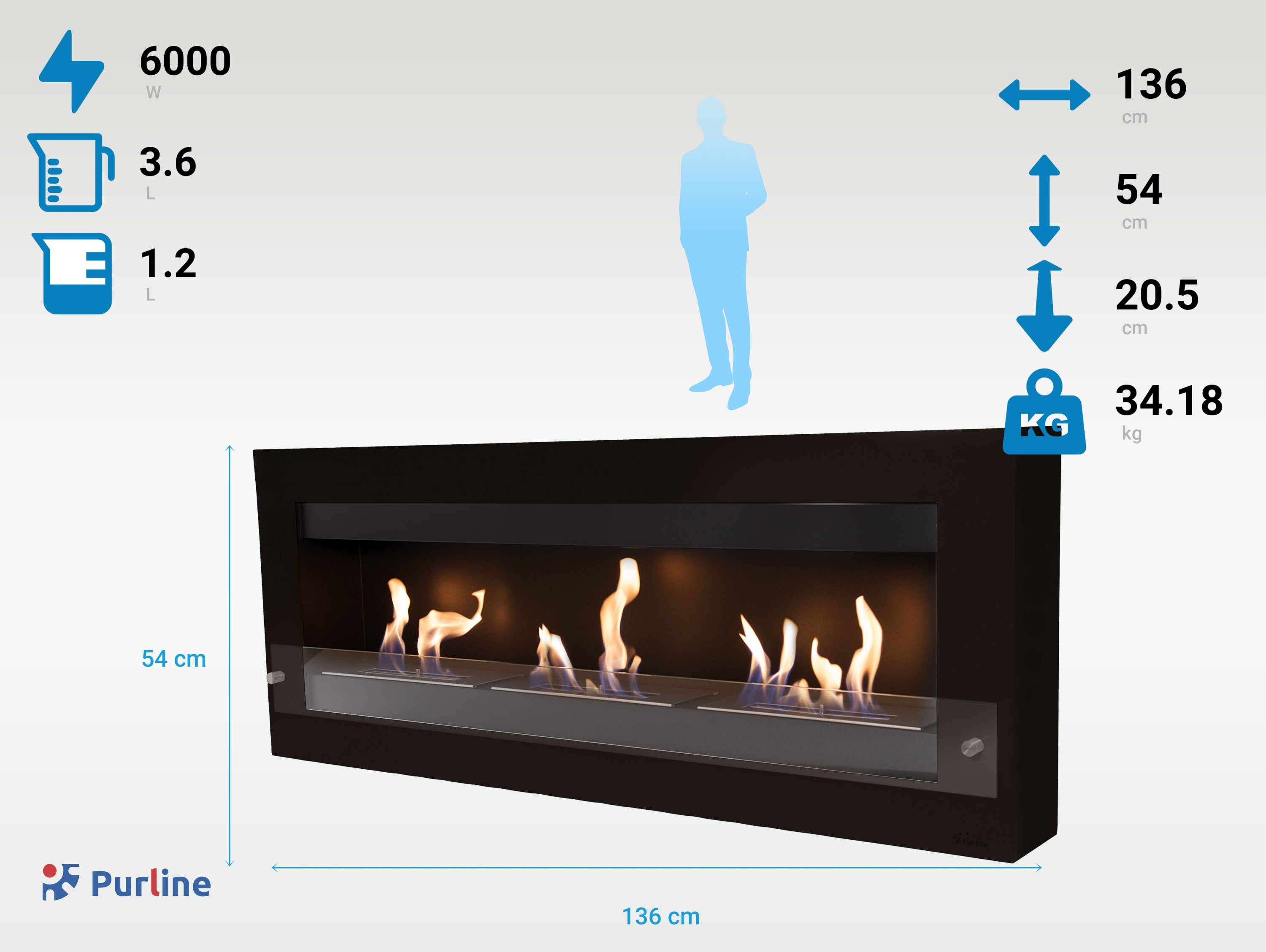 Ein schwarzer rechteckiger Kamin mit Flammen und einer Glasscheibe. Das Feuer ist gelb und orange.