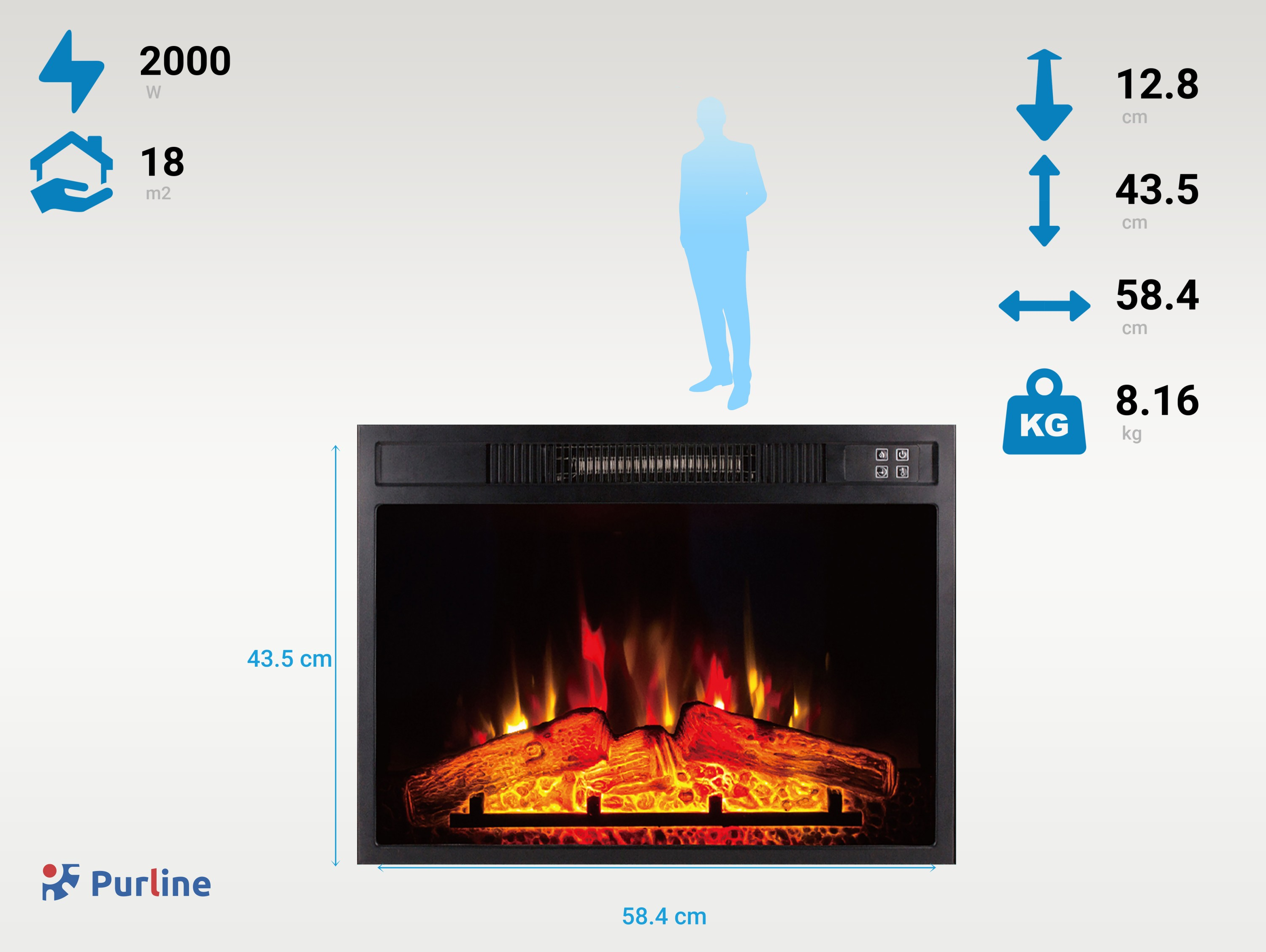 Schwarzer Kamin mit Feuereffekt und Holzscheiten. Abmessungen sind angegeben. Die Marke ist Purline.