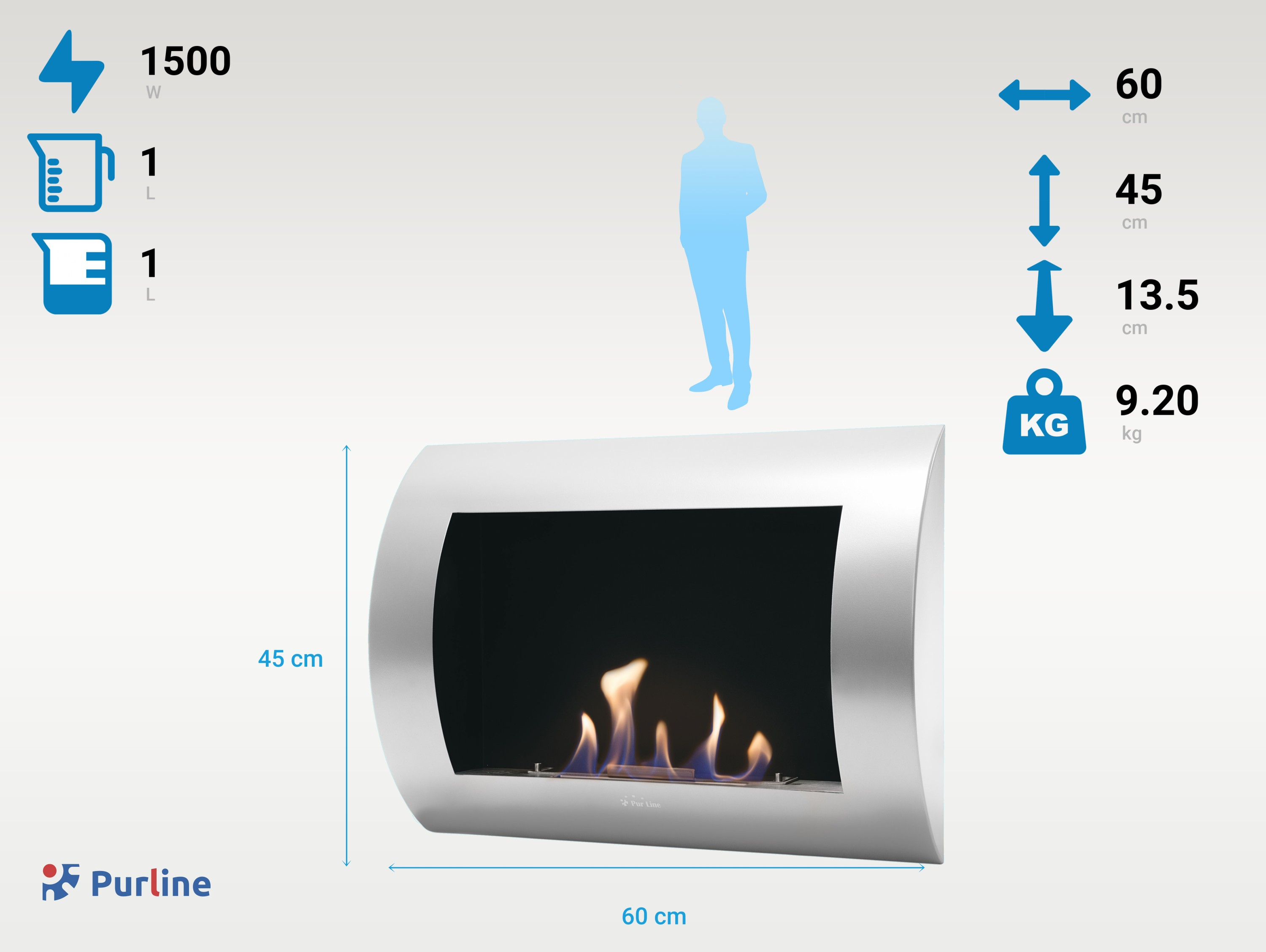 Ein weißer, gebogener Kamin mit Flammen im Inneren. Abmessungen werden angezeigt. Die Marke ist Purline.