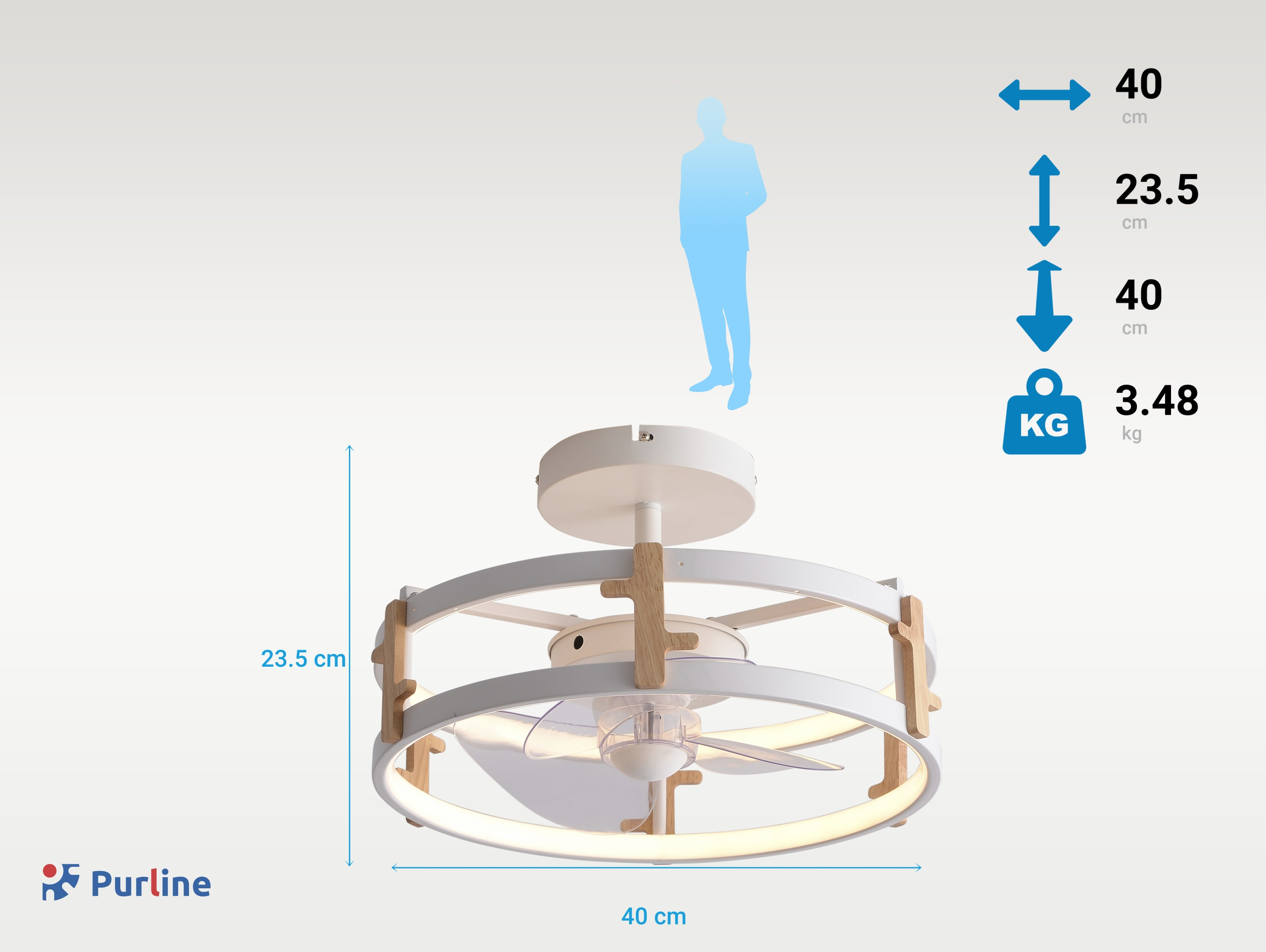 Ein weißer Deckenventilator mit Licht und Holzakzenten. Die Marke ist Purline.