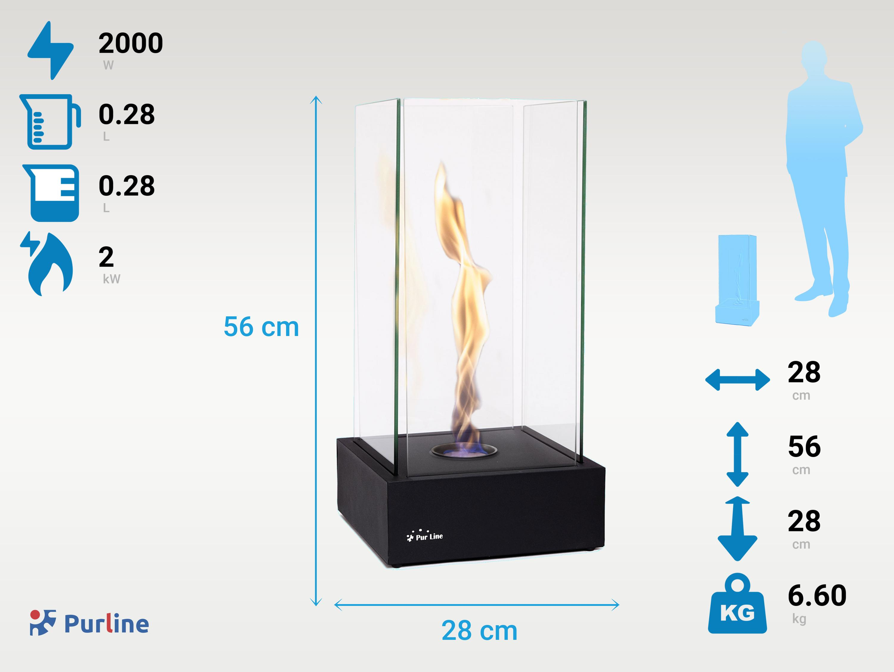 Chimenea negra con llamas dentro de una estructura de vidrio. Se presentan especificaciones y dimensiones. Una silueta de persona está en el lado derecho de la imagen.