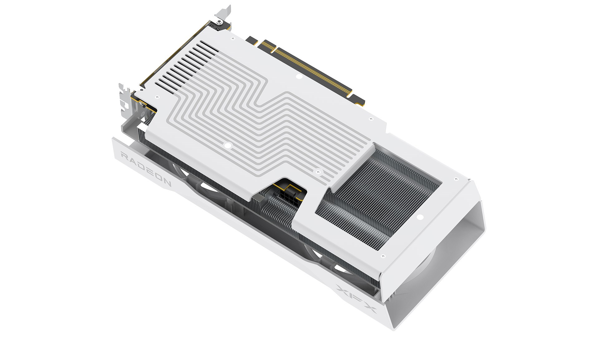 Widok z góry białej karty graficznej XFX Radeon. Karta ma srebrny radiator i czarno-złote złącze.