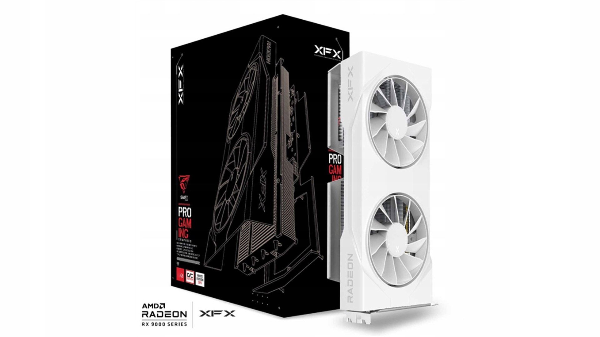 Biała karta graficzna XFX Radeon RX serii 9000 z czarnym pudełkiem z grafiką karty.