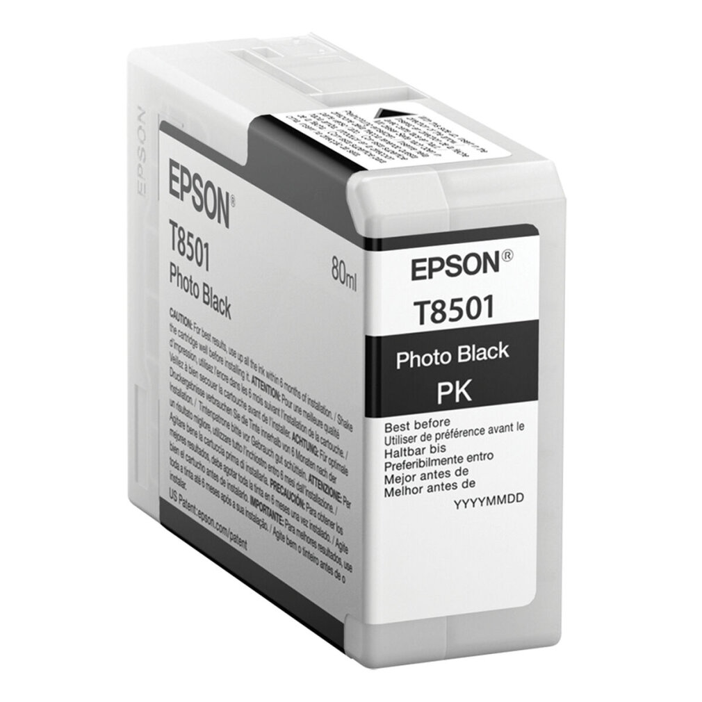 Una caja de cartucho de tinta Epson T8501 Photo Black sobre un fondo blanco. La caja es blanca y negra.