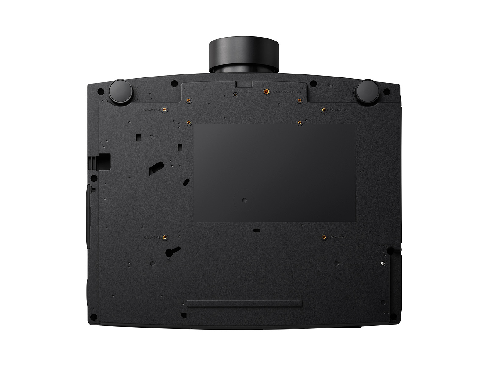Base de proyector negra con múltiples orificios para tornillos, una sección rectangular central y un soporte para lente en la parte superior.