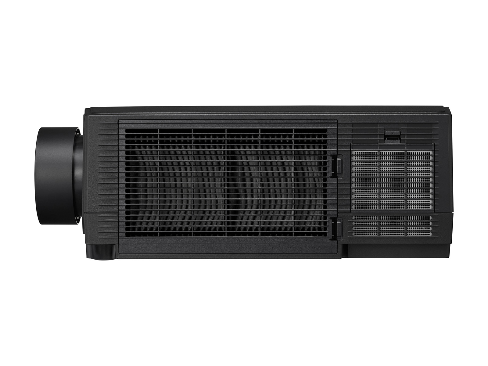 Un proyector negro desde arriba, mostrando las rejillas de ventilación y varios puertos de conexión.