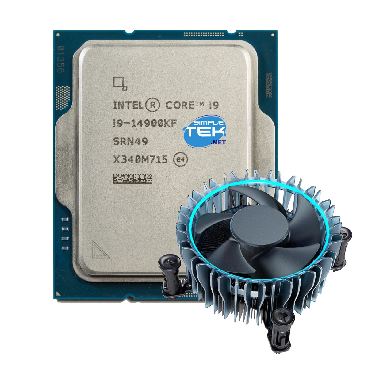 Intel Core i9 Prozessor mit Kühlventilator. Prozessor hat Text: Intel Core i9, i9-14900KF, SRN49, X340M715.