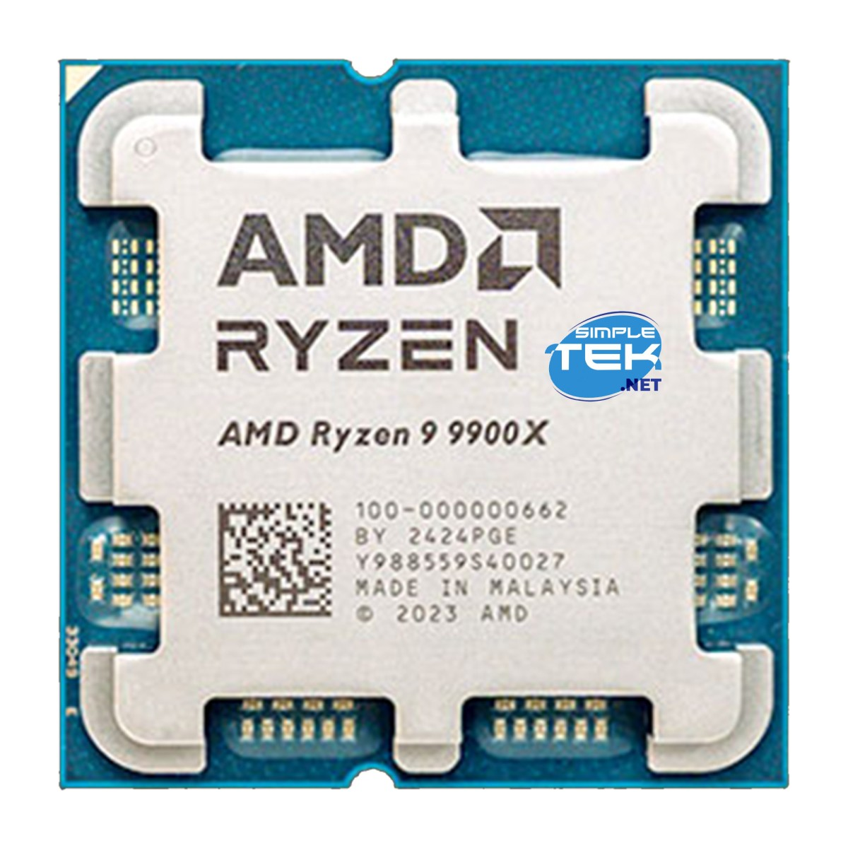 Procesor AMD Ryzen 9 9900X z tekstem i kodem QR. Wyprodukowano w Malezji. Oznaczone 'Simple Tek .net'.