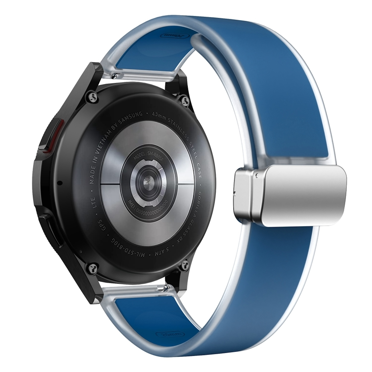 Schwarze Smartwatch mit blauem Armband, silberner Schnalle und weißer Zierleiste. Rückseite mit Modell- und GPS-Details.