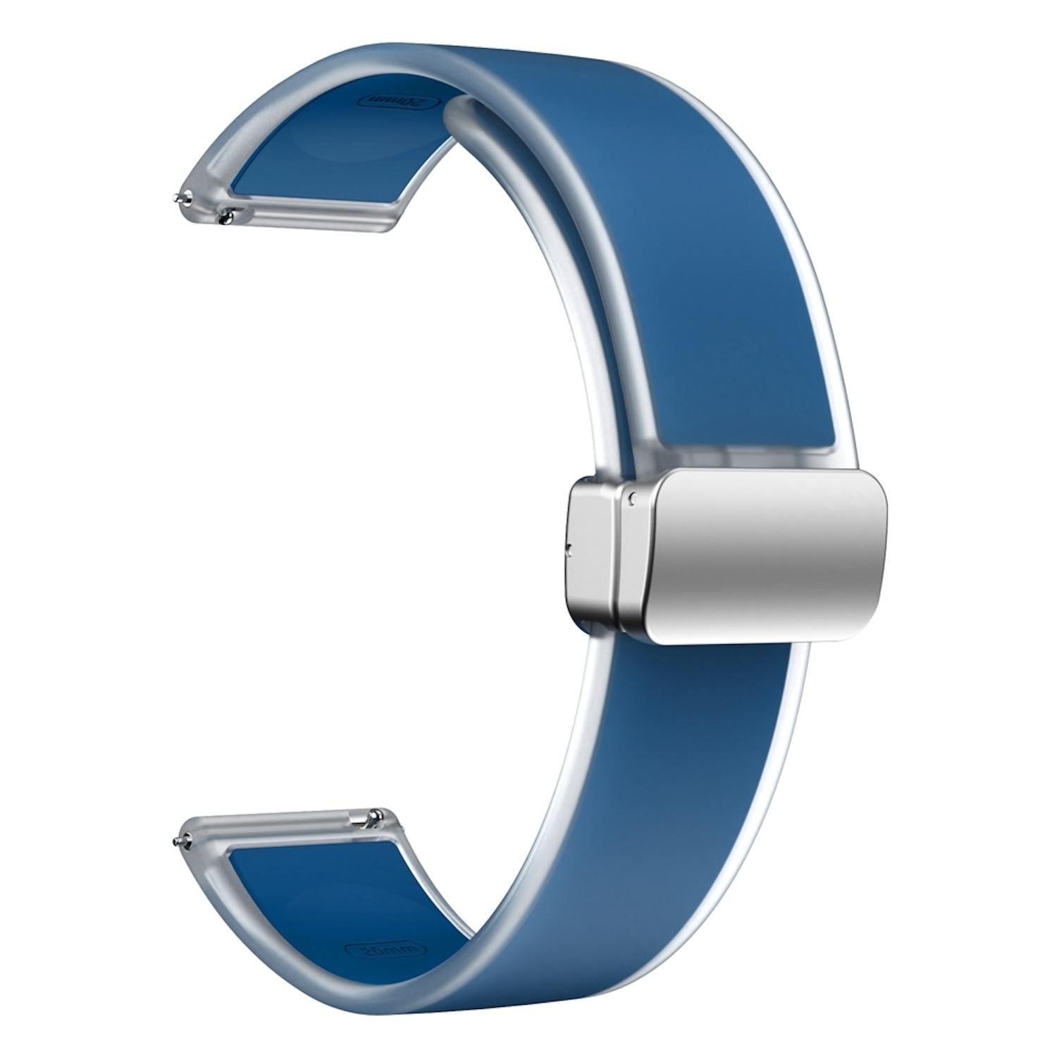 Blaues Uhrenarmband mit silberner Schnalle und weißer Zierleiste. Das Design ist geschwungen und sauber.