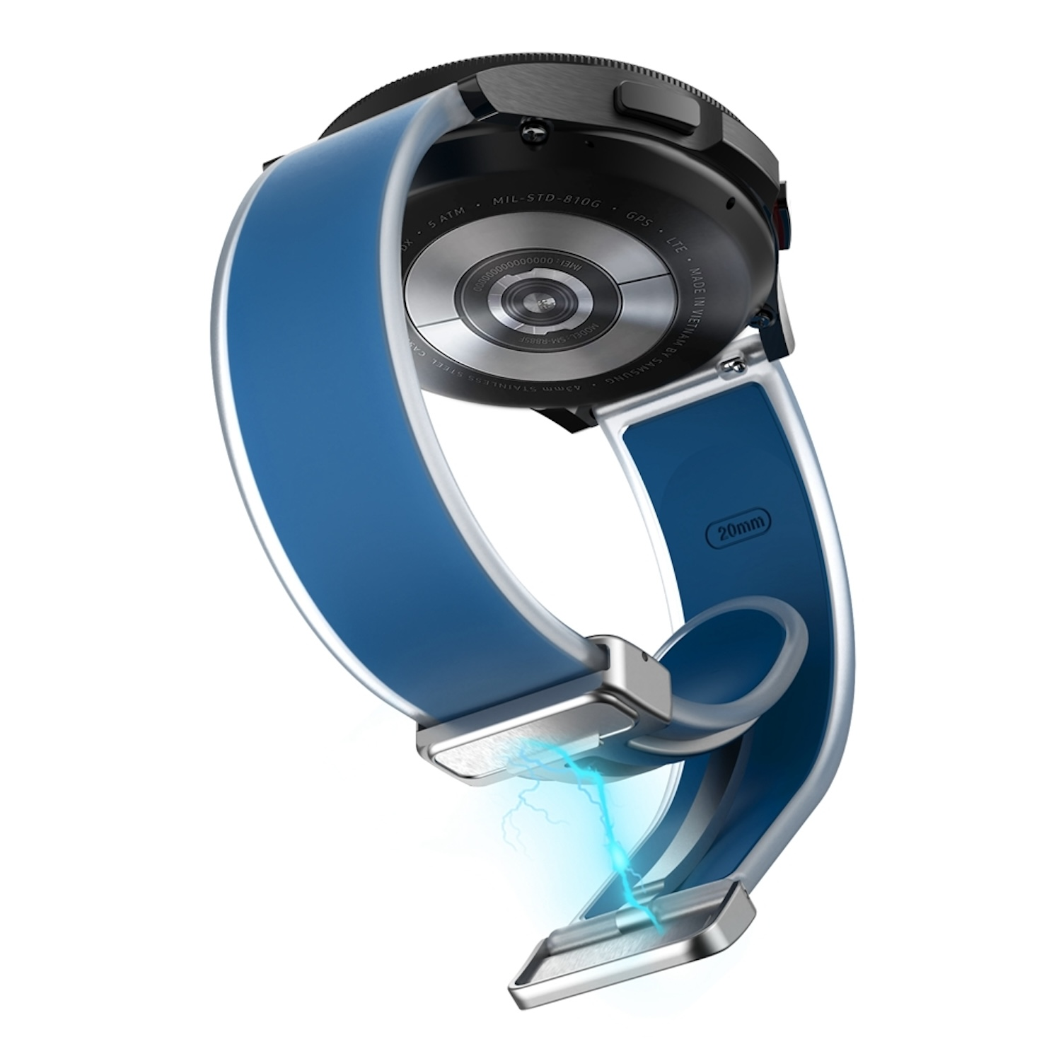 Schwarze Smartwatch mit blauem Armband, silberner Schnalle und weißer Zierleiste. Elektrische Funken sind gezeigt.