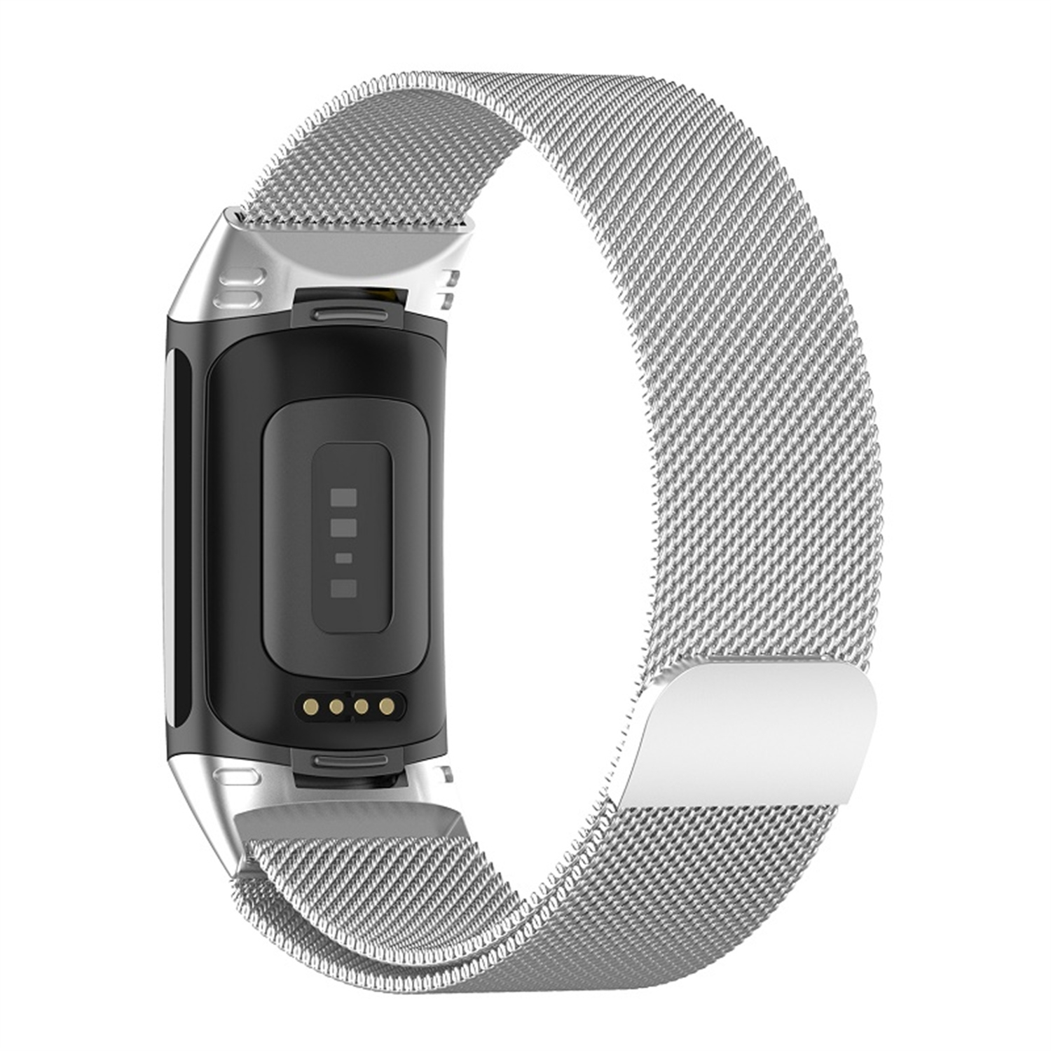 Silbernes Mesh-Uhrenarmband mit schwarzem Uhrenanschluss. Der Anschluss hat Stifte zum Aufladen.