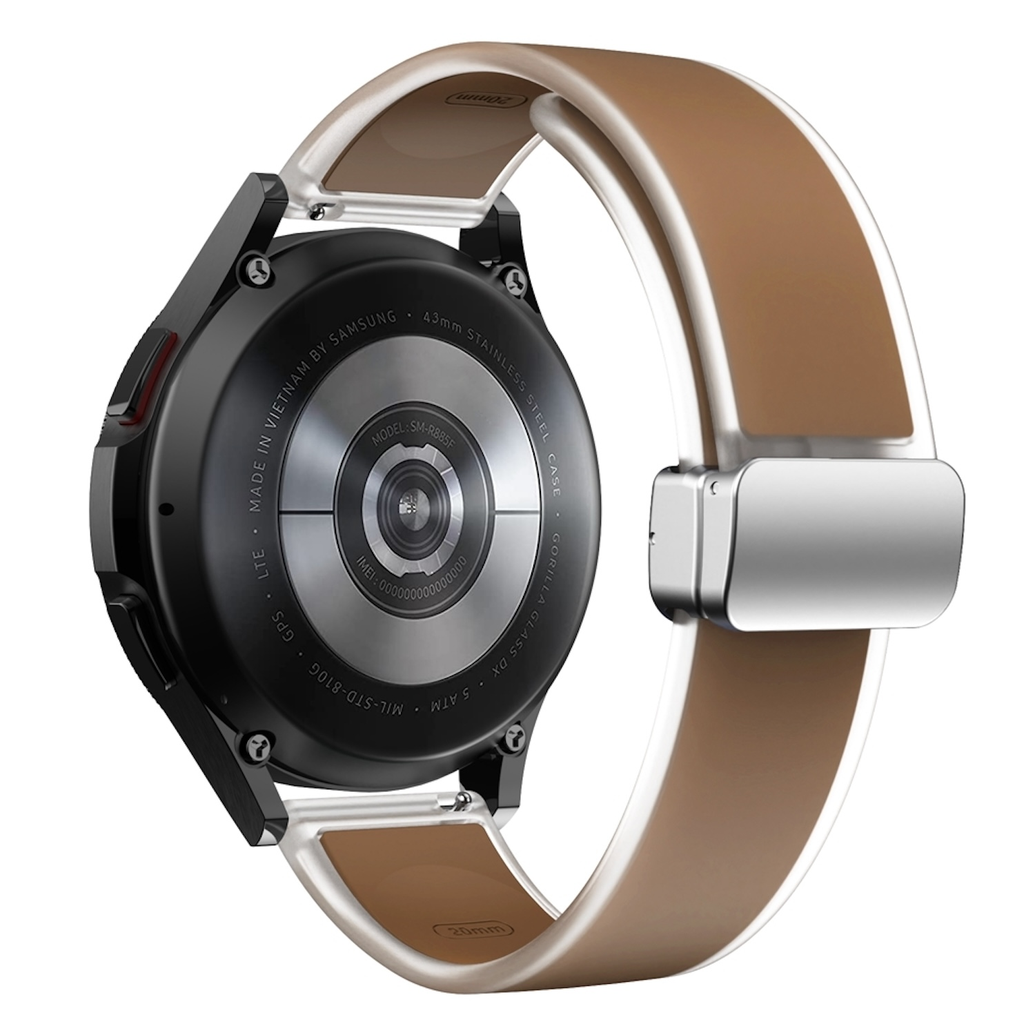 Schwarze Smartwatch mit braunem Armband, silberner Schnalle und weißer Zierleiste. Rückseite mit Modell- und GPS-Infos.